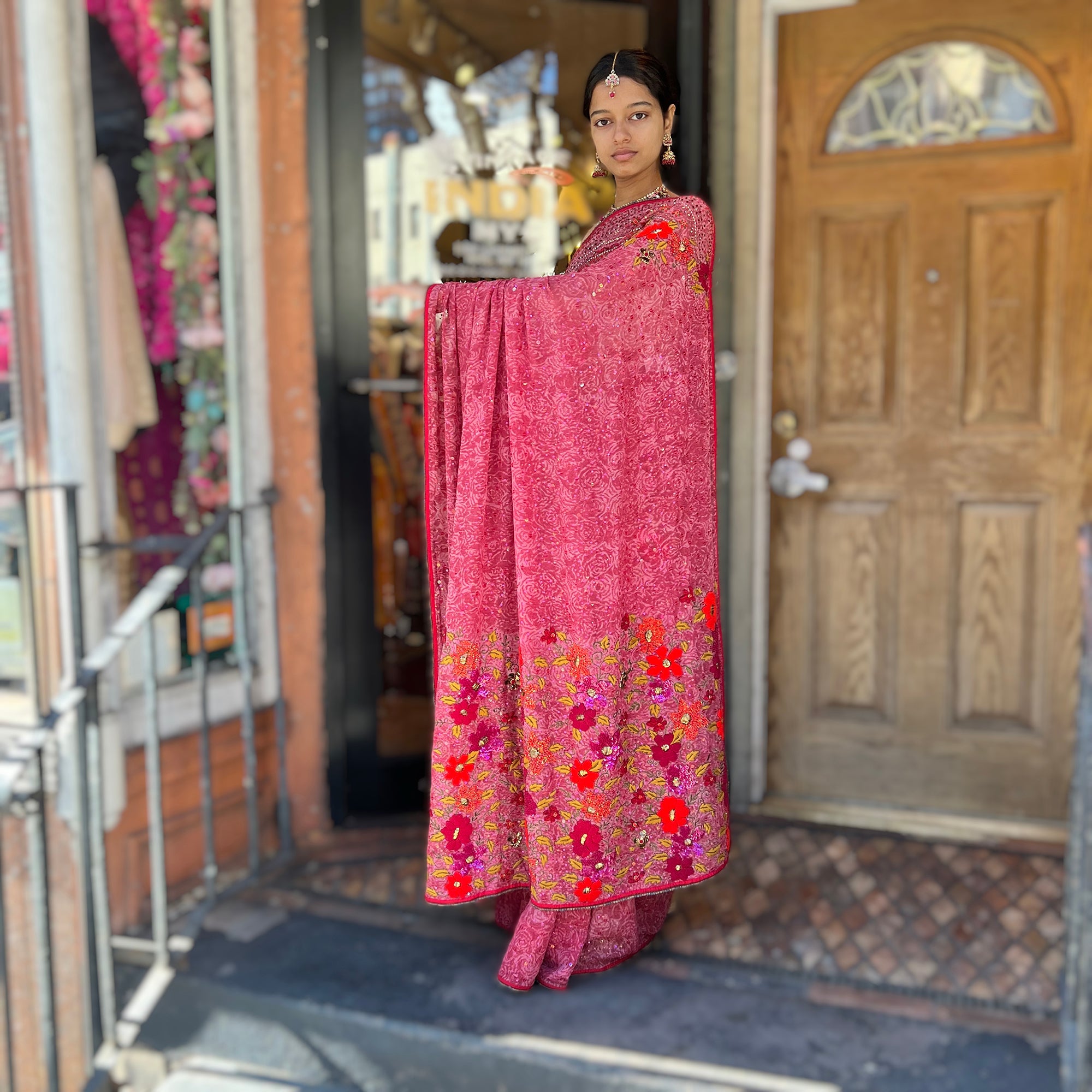 Dusty Pink Silk Georgette Embroidered Saree-906