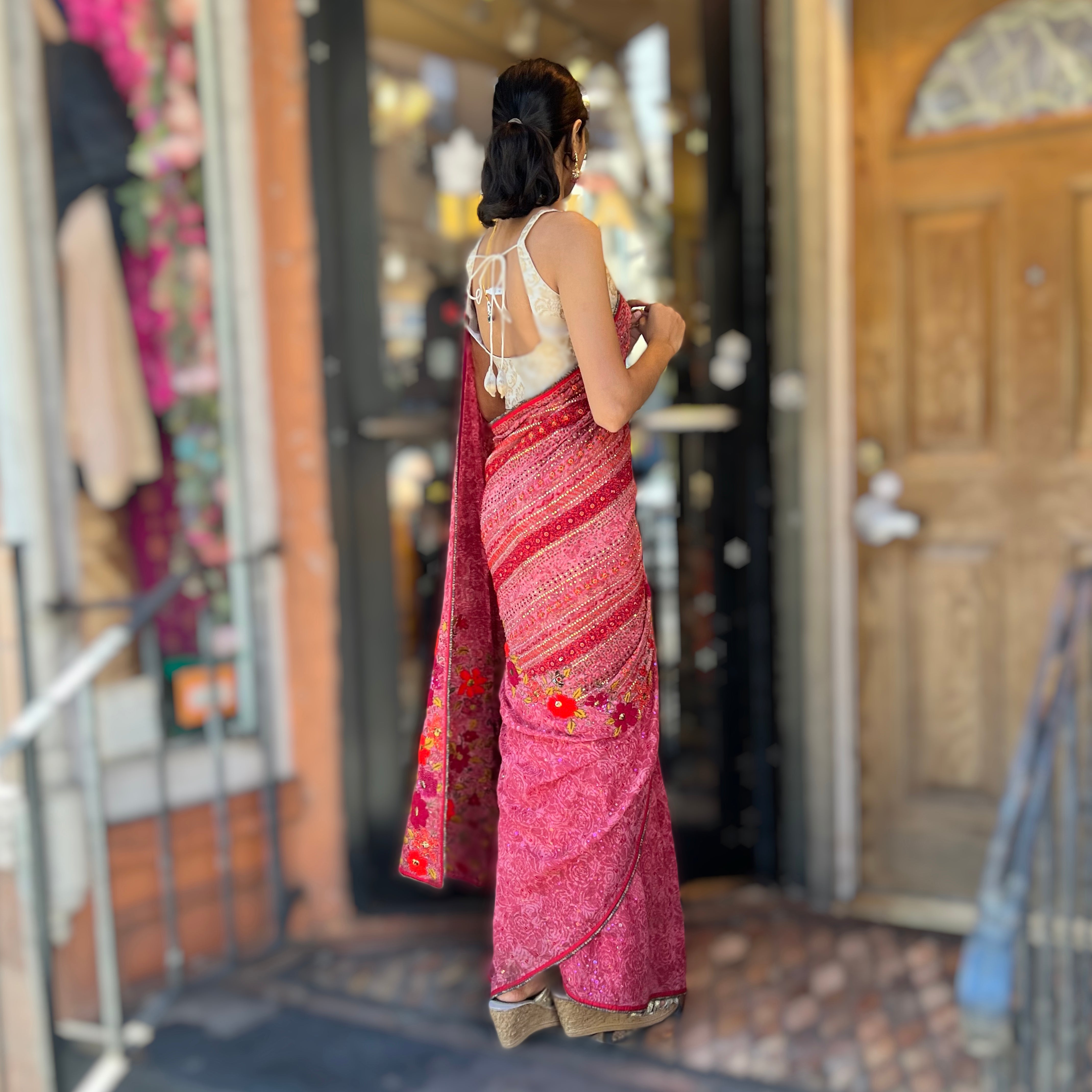 Dusty Pink Silk Georgette Embroidered Saree-906