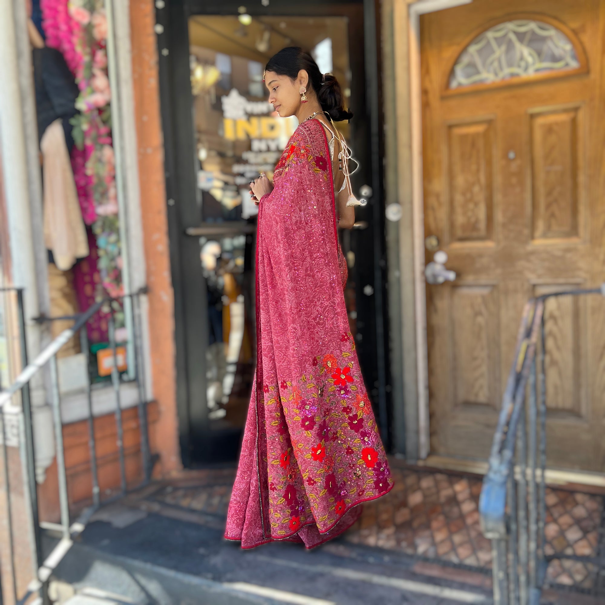 Dusty Pink Silk Georgette Embroidered Saree-906