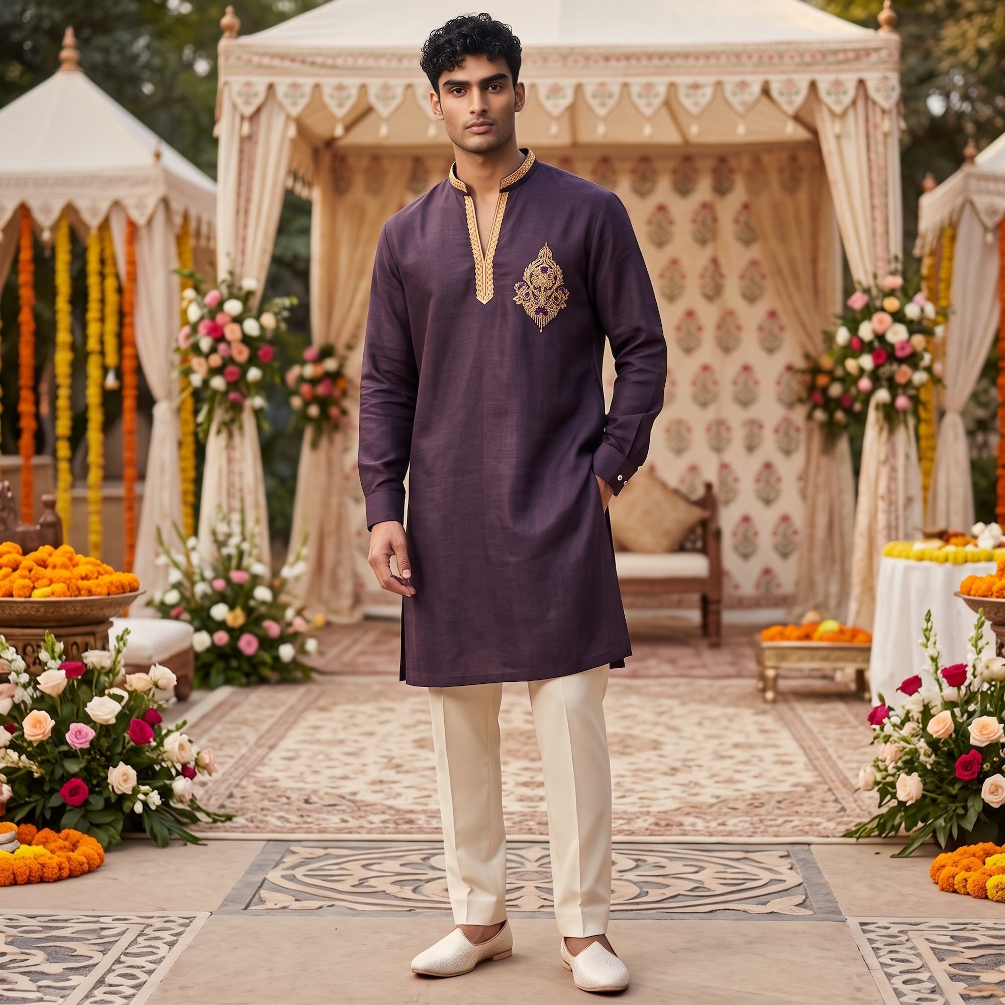 Eggplant FIne Linen Hand Embroidered Kurta
