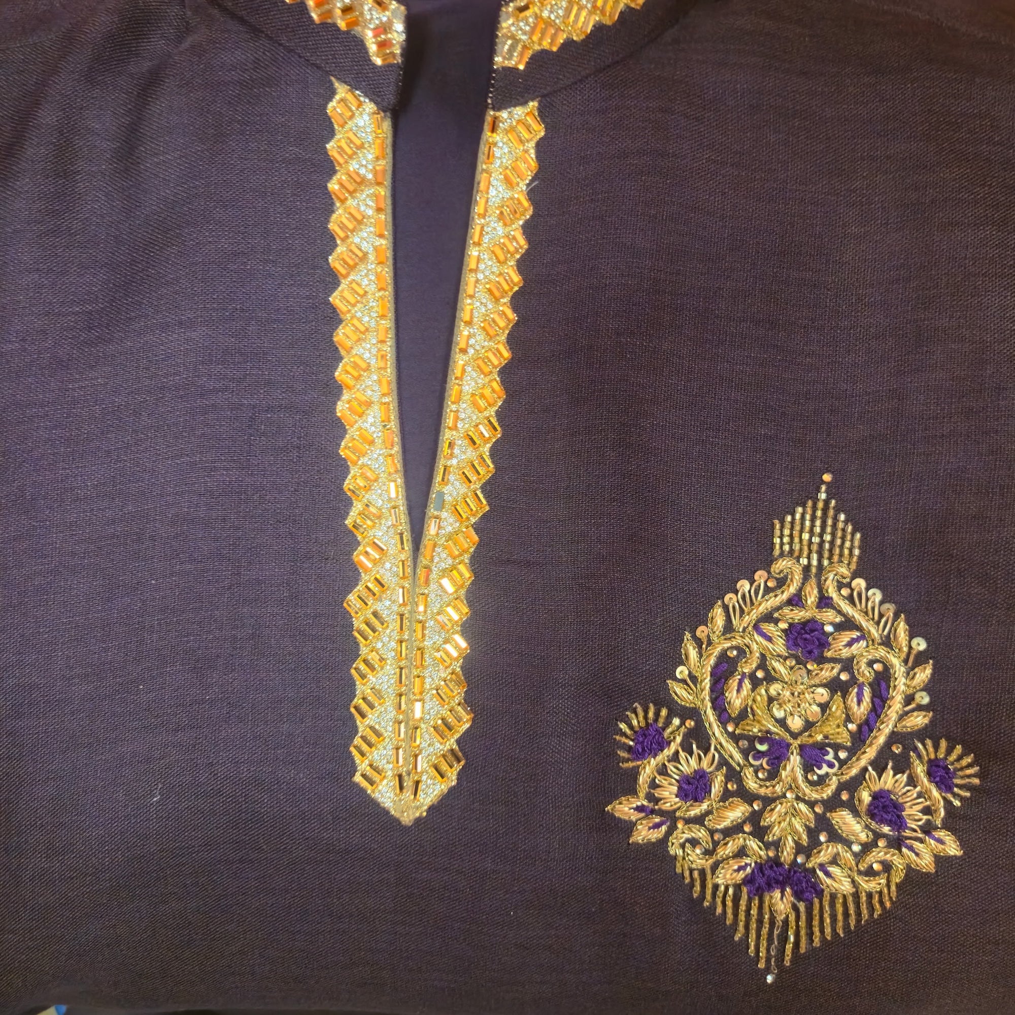 Eggplant FIne Linen Hand Embroidered Kurta