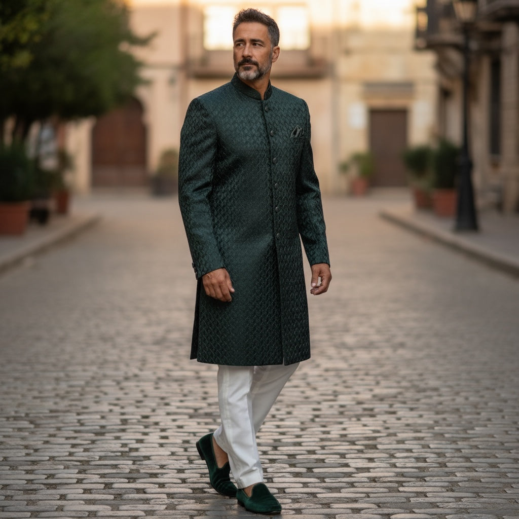 Forest Embroidered Sherwani- Ogee Fan