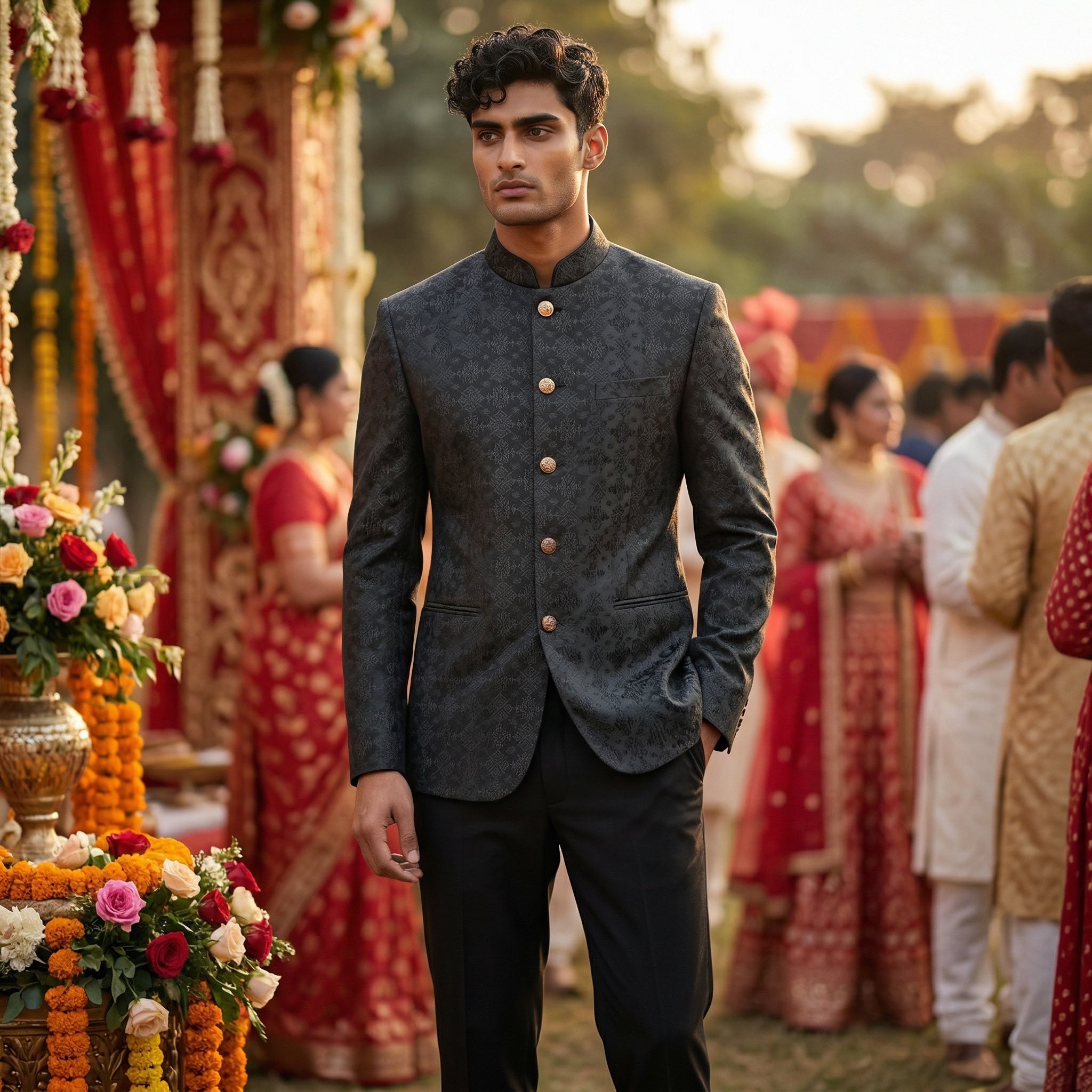 Forest Four Point Tile Jodhpuri Jacket - Vintage India NYC