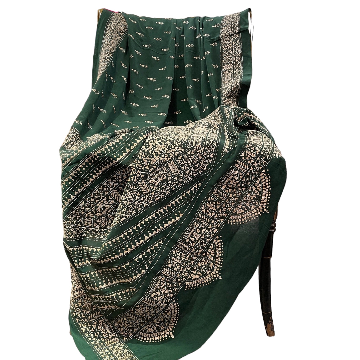 Dark Green Silk Nakshi Embroidered Shawl - Vintage India NYC