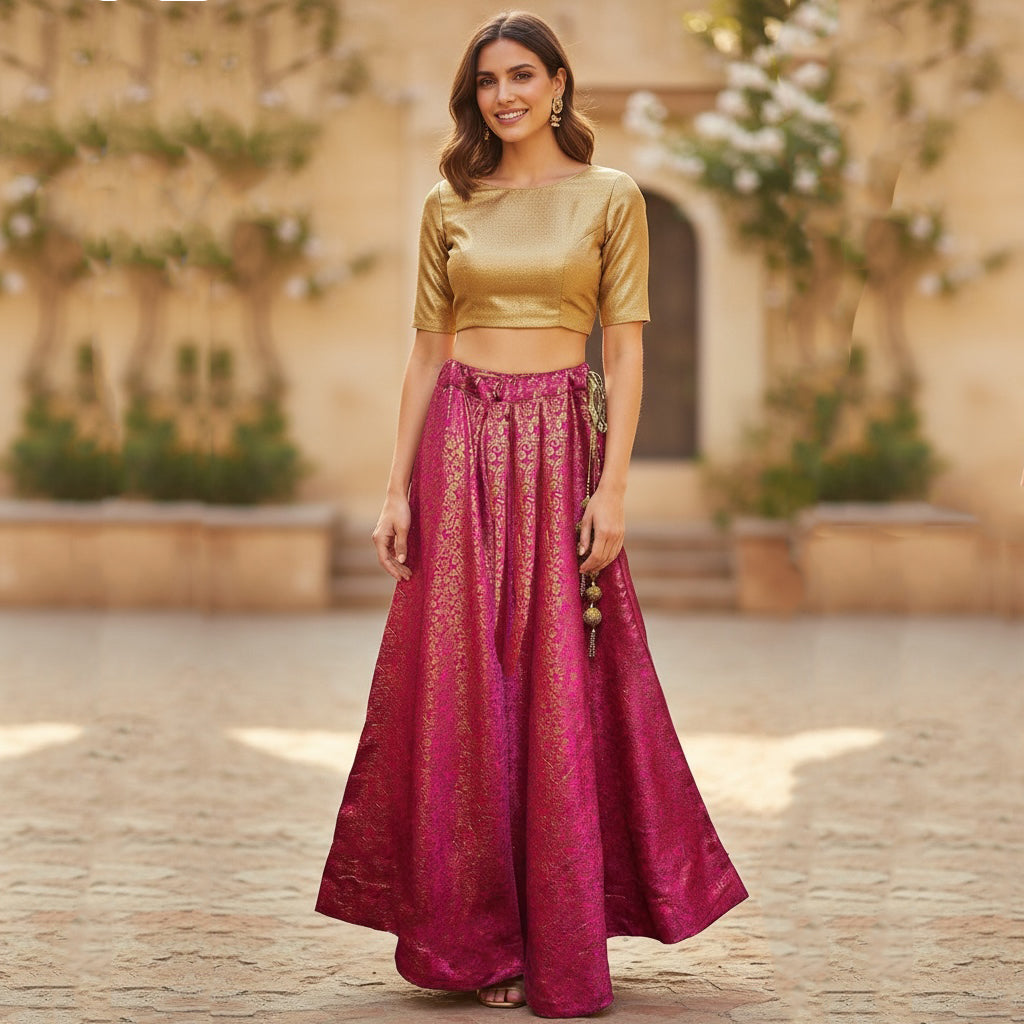 DT Bright Pink Brocade Floral Lehengas- 2 Styles/Lengths - Vintage India NYC