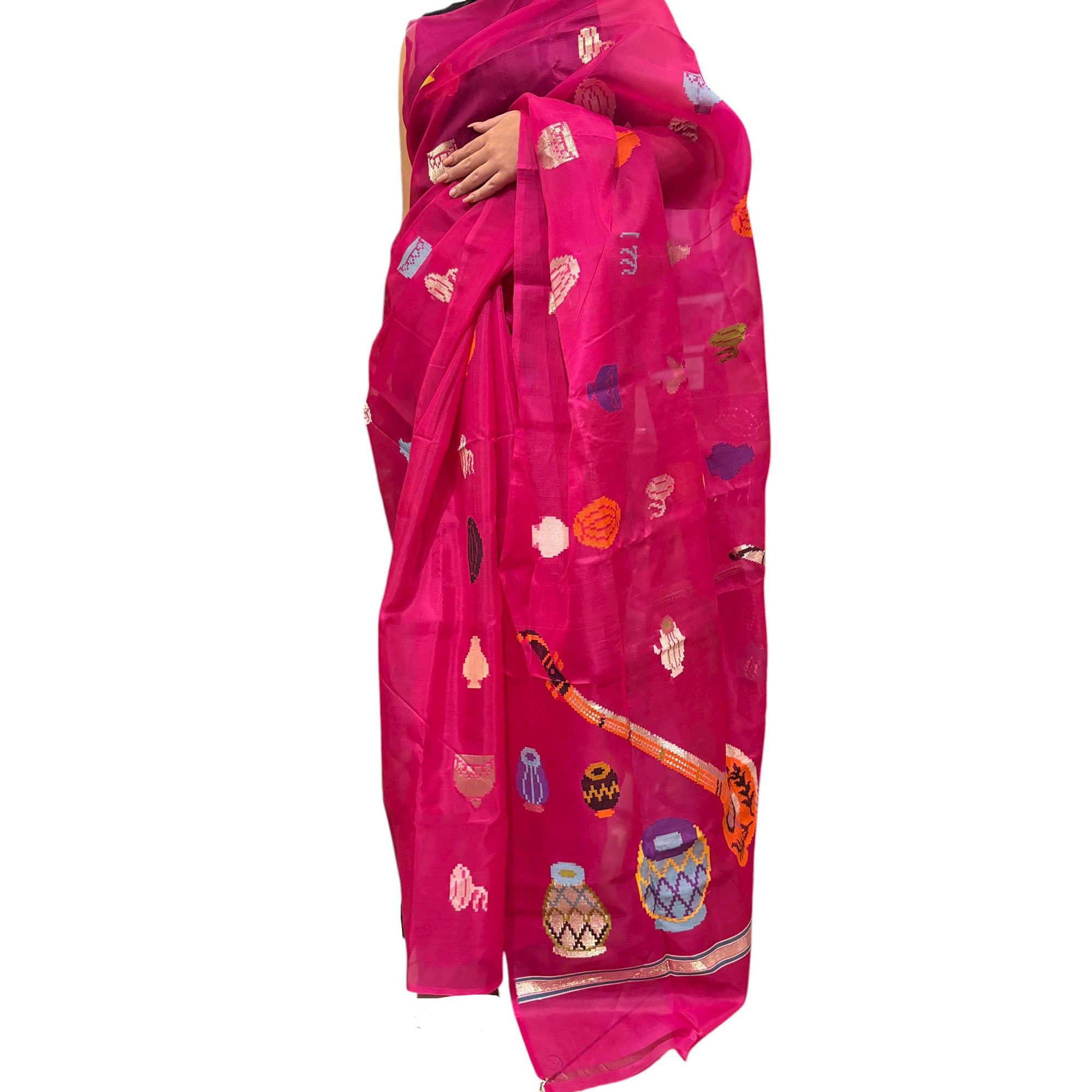 Bright Pink Jamdani w Instruments Saree - Vintage India NYC