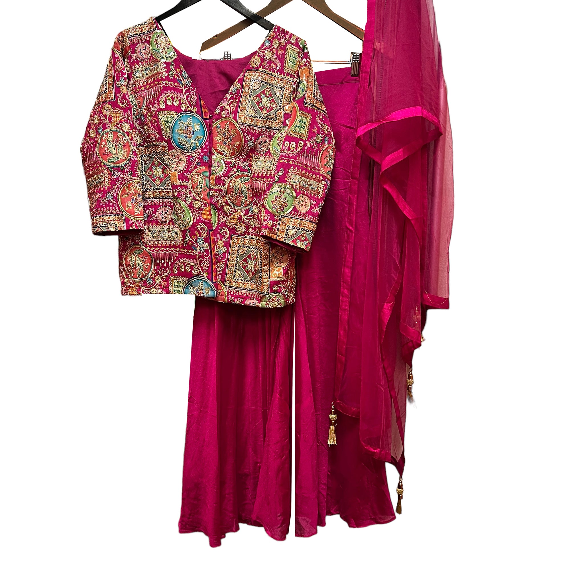 Fuchsia Silk Pant and Jacket Set - Vintage India NYC