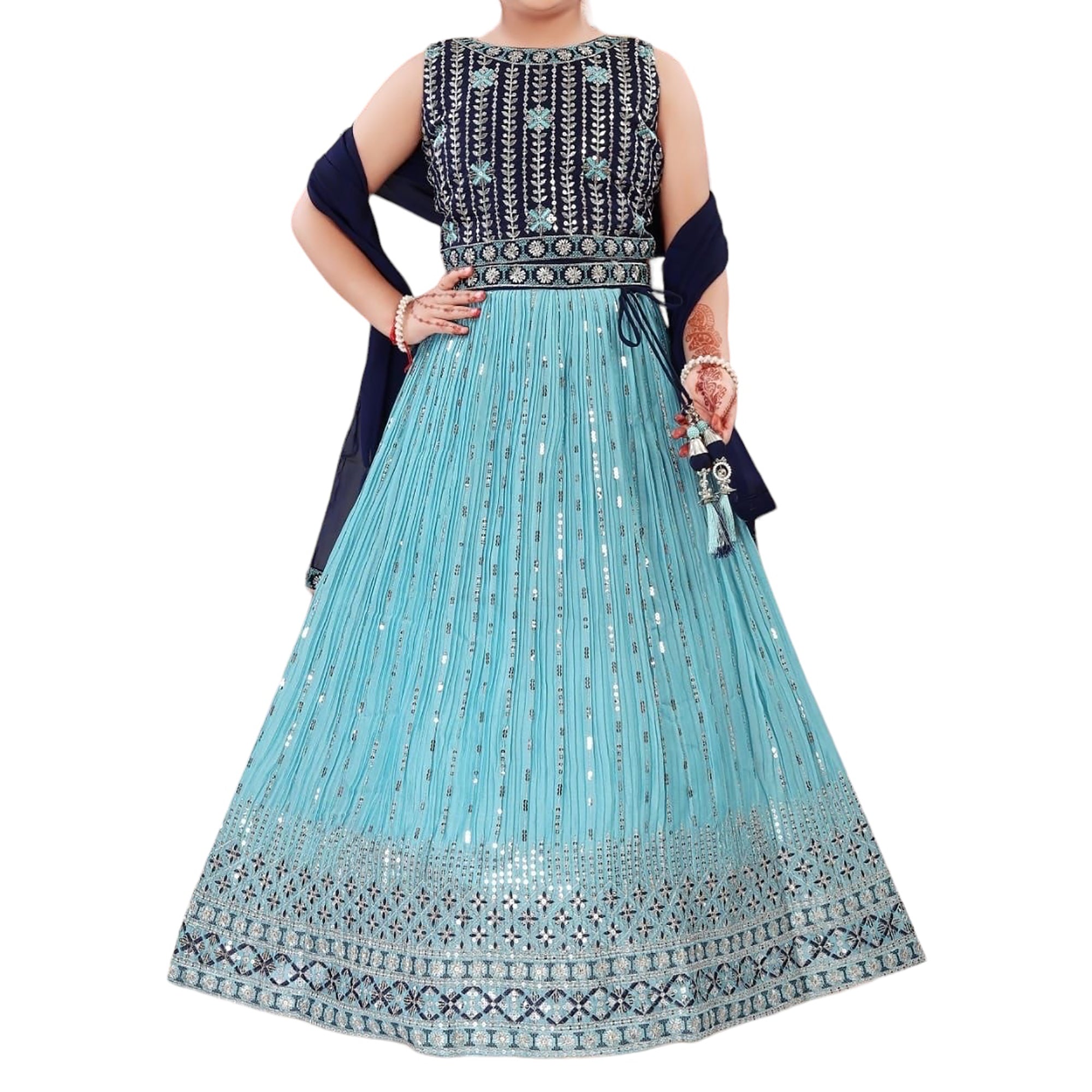 Girls Aqua & Navy Sequin Lehenga Set