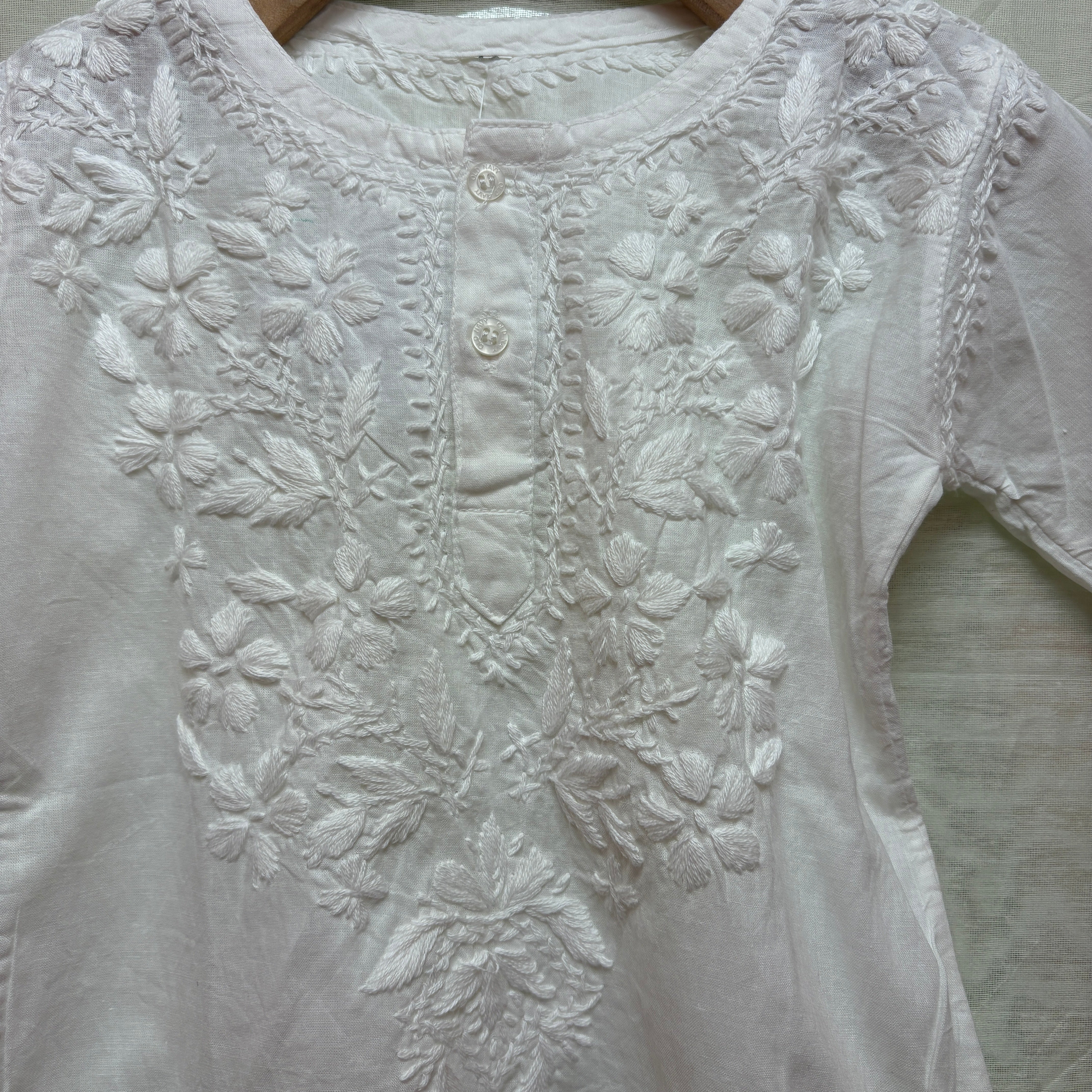 Girls White Chikan Embroidered Kurta Top