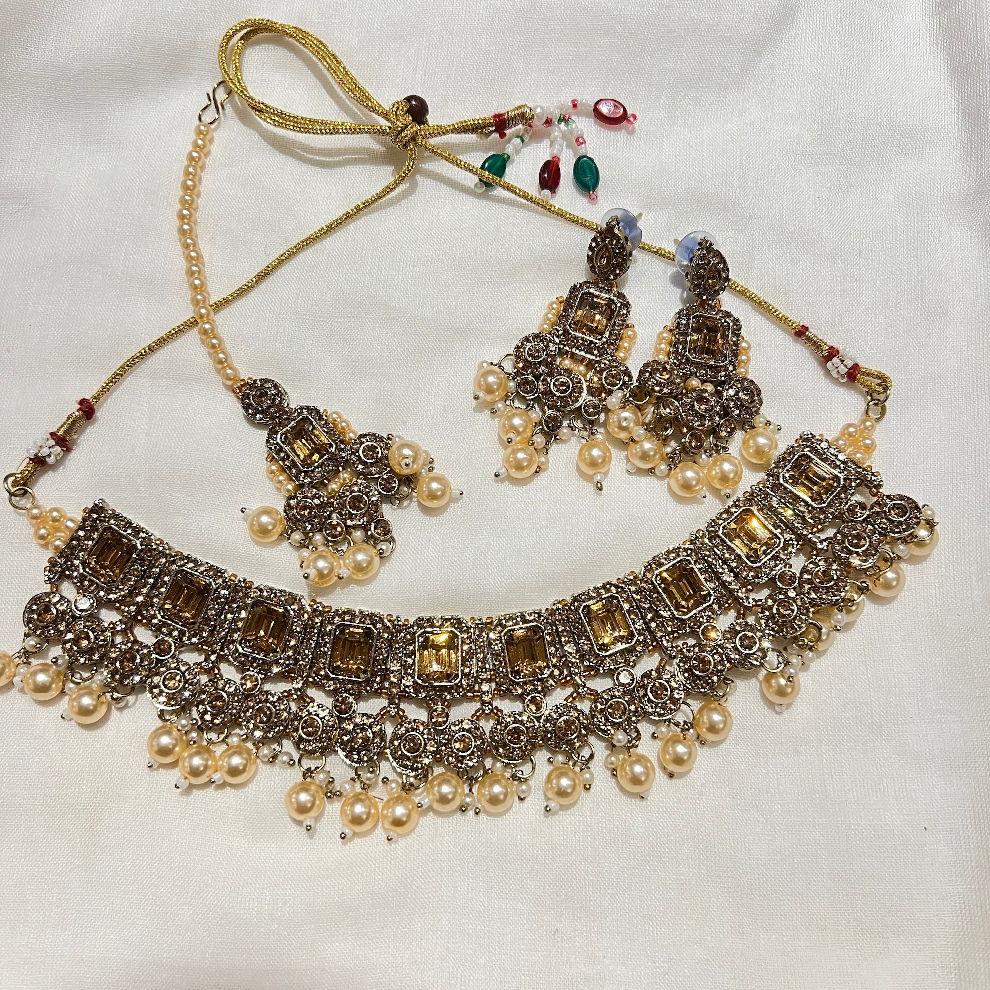 Oblong Gold Stone Necklace Set-11 Colors - Vintage India NYC