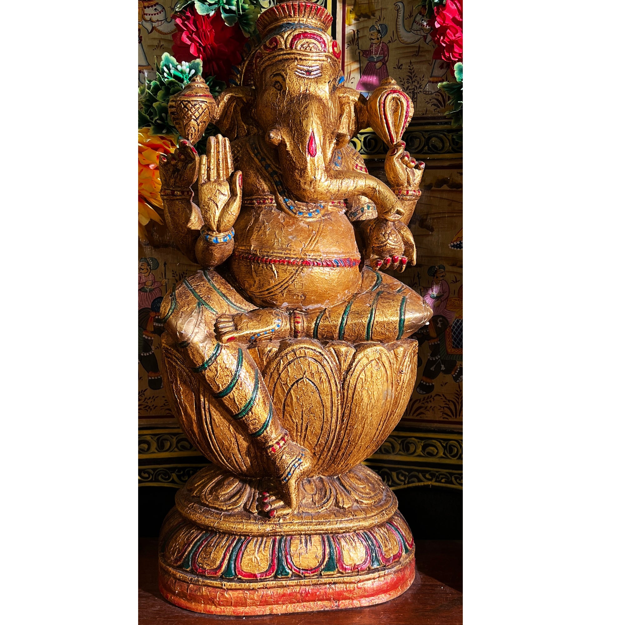 Wooden Gold Leaf Lakshmi , Ganesh and Saraswati - Vintage India NYC
