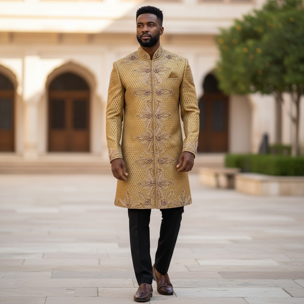 Gold Brocade Sherwani with Heavy Handwork