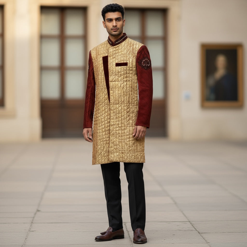 Gold Quilted Cross Chest Sherwani