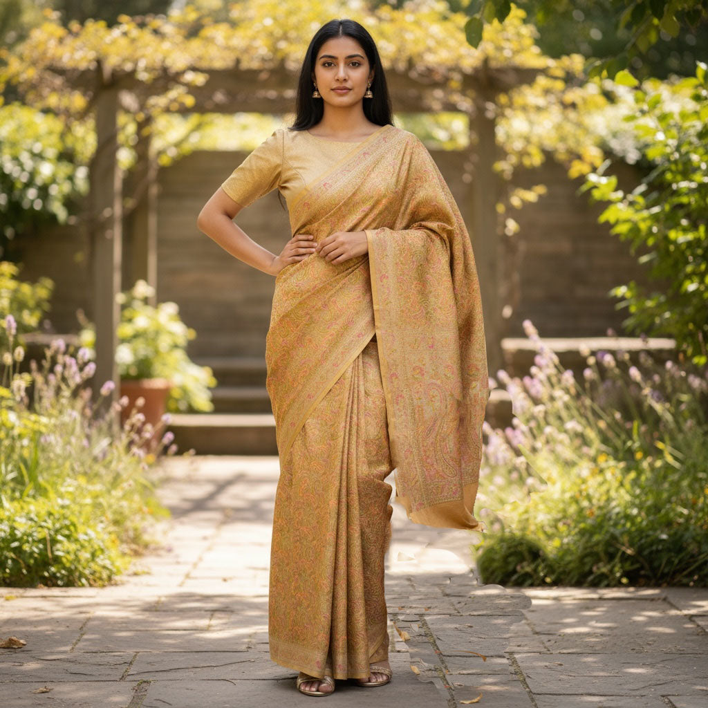 Gold Multicolor Silk Banarasi Saree - Vintage India NYC