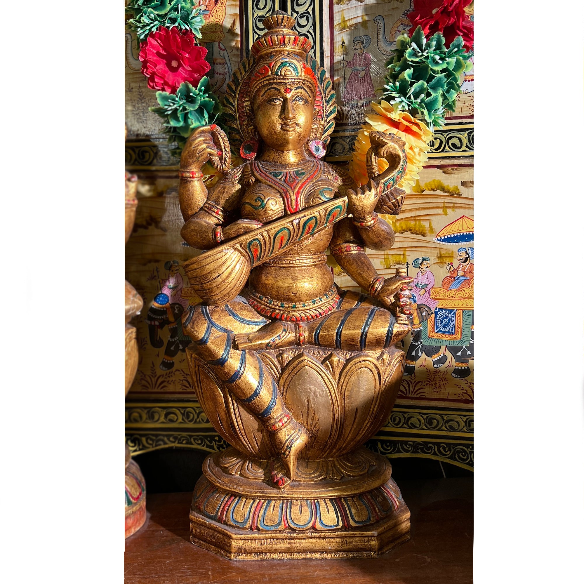 Wooden Gold Leaf Lakshmi , Ganesh and Saraswati - Vintage India NYC