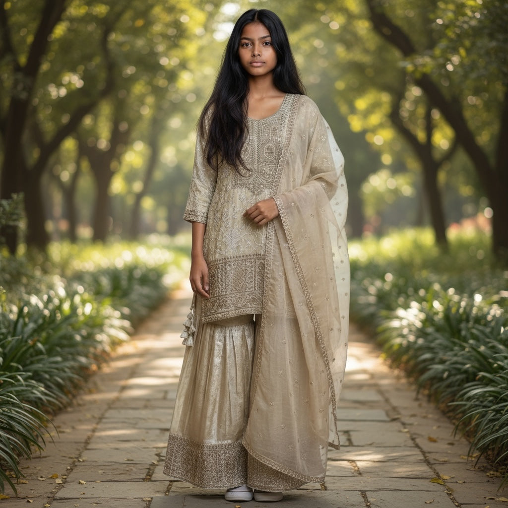 Light Gold Embroidered Gharara Set