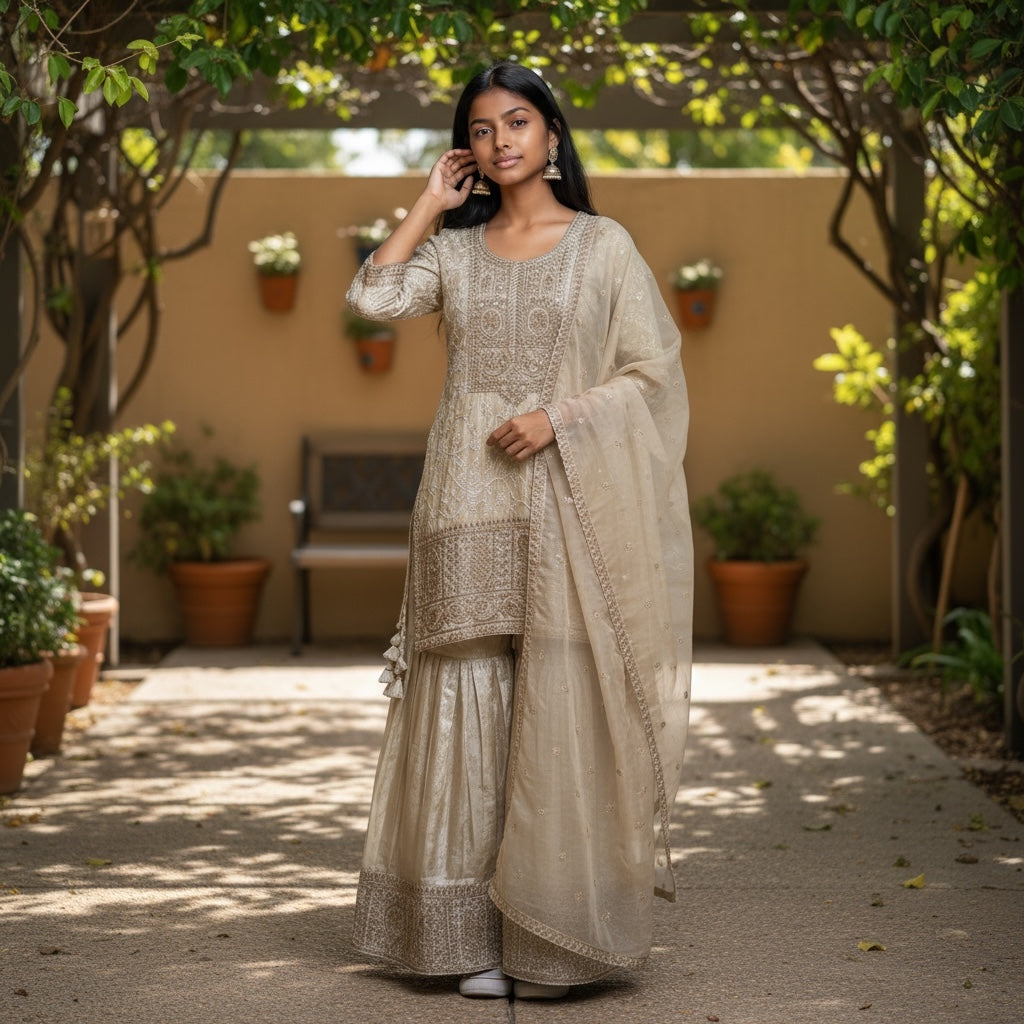 Light Gold Embroidered Gharara Set