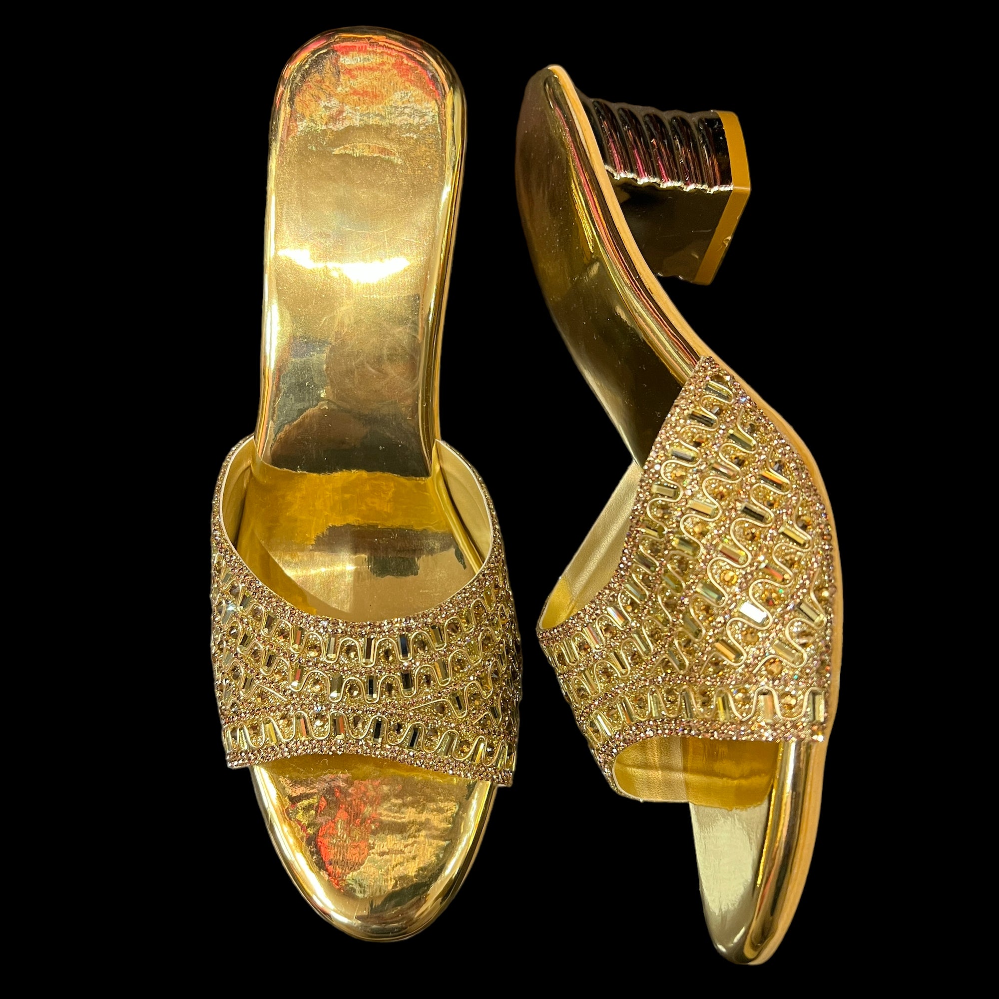 DT Gold Slide Block Heel Sandals - Vintage India NYC