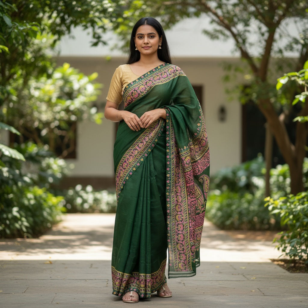 Green & Pink Silk Saree - Vintage India NYC