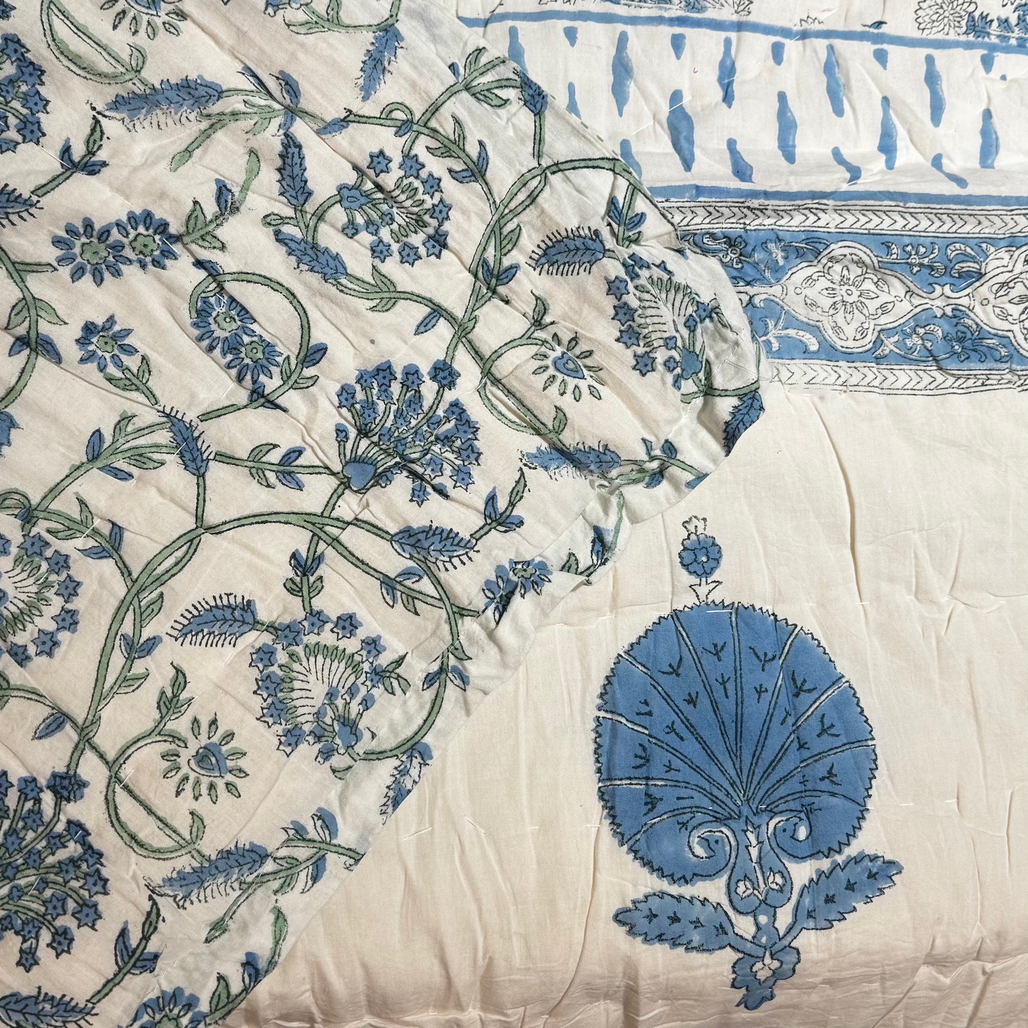 Indian Twin Quilt-Green & Blue - Vintage India NYC