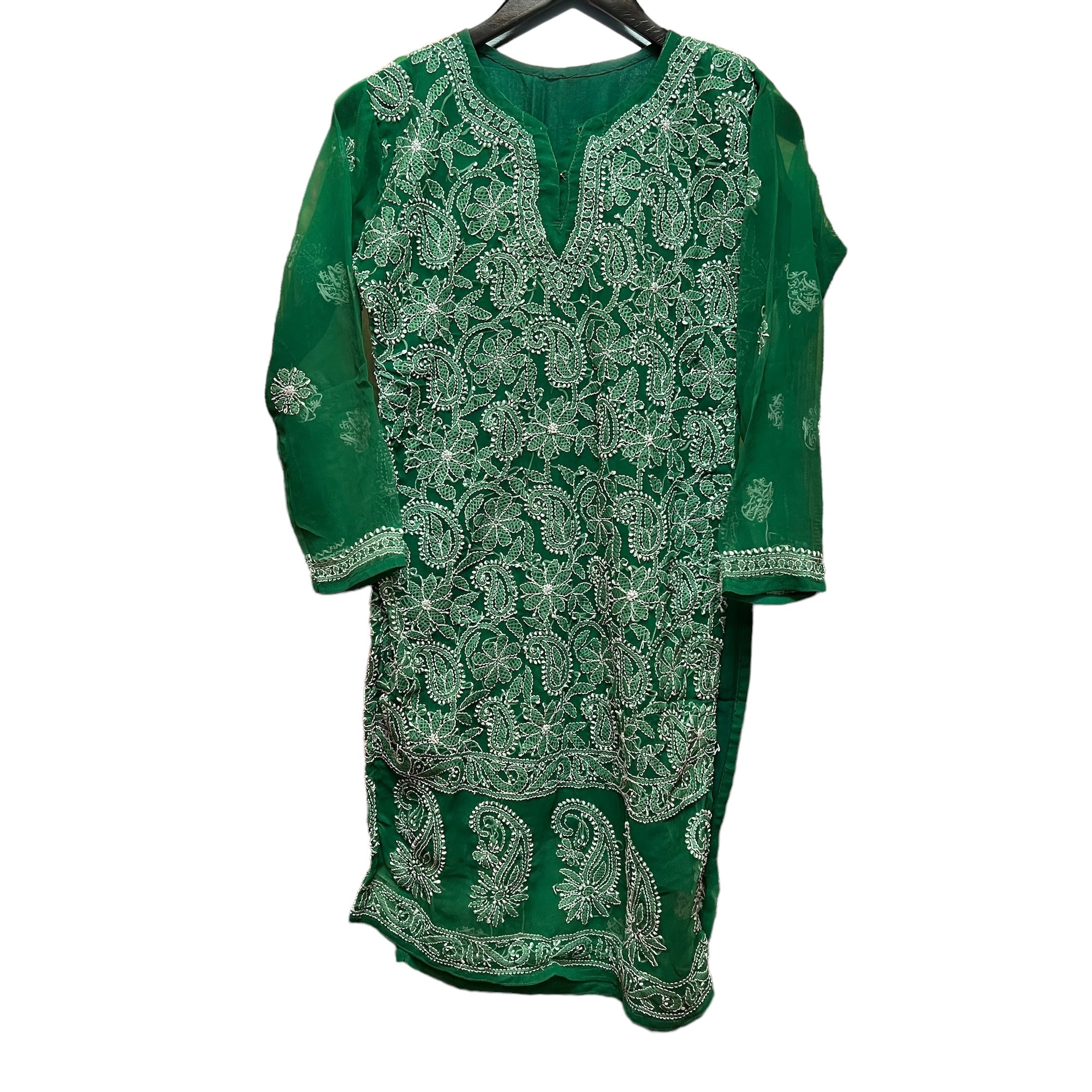 Green Georgette Embroidered Kurta-Size 34 - Vintage India NYC