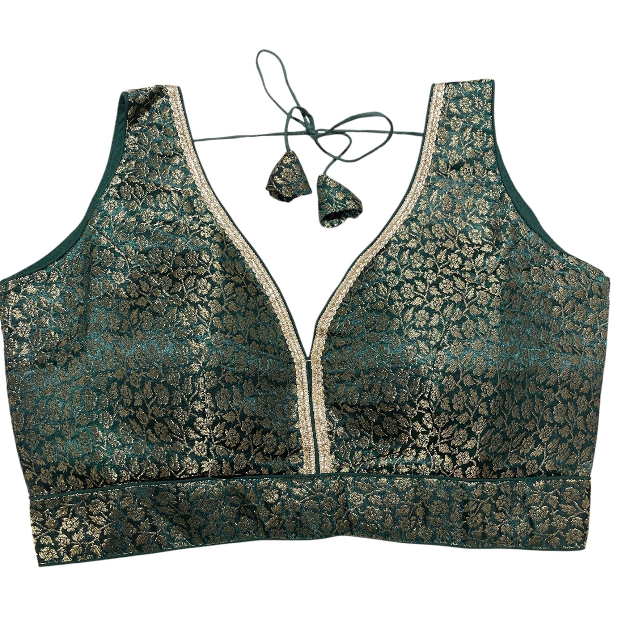 Dark Green Floral Brocade V Neck Choli Blouse-2 Styles