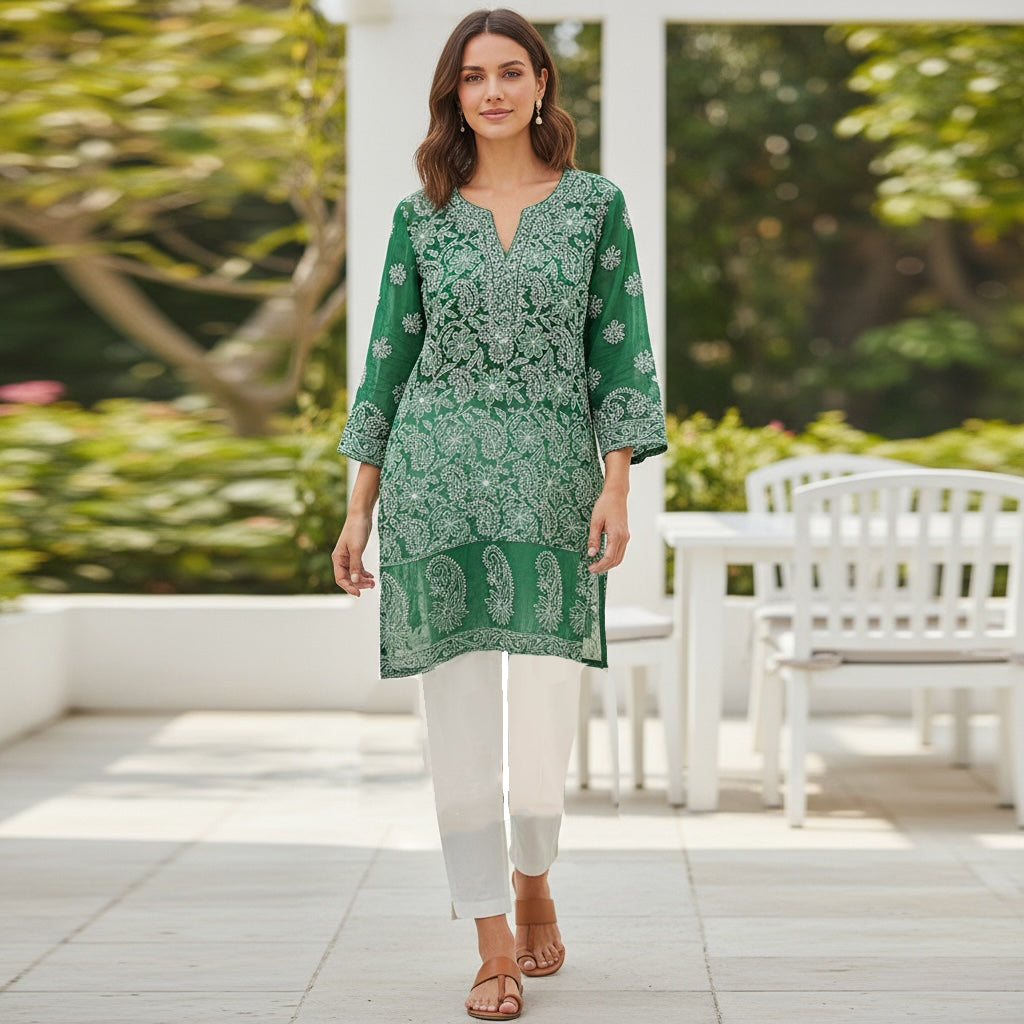 Green Georgette Embroidered Kurta-Size 34