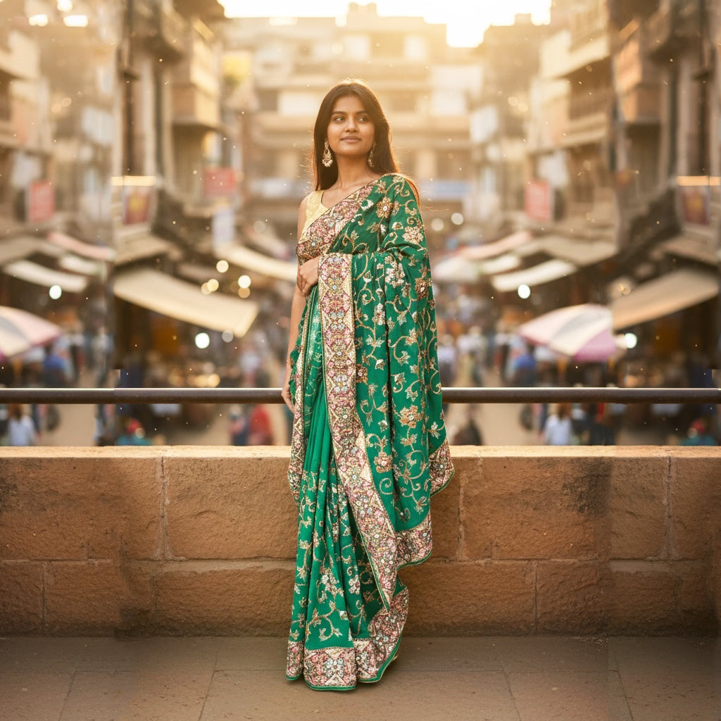 Green Heavy Work Saree 1001