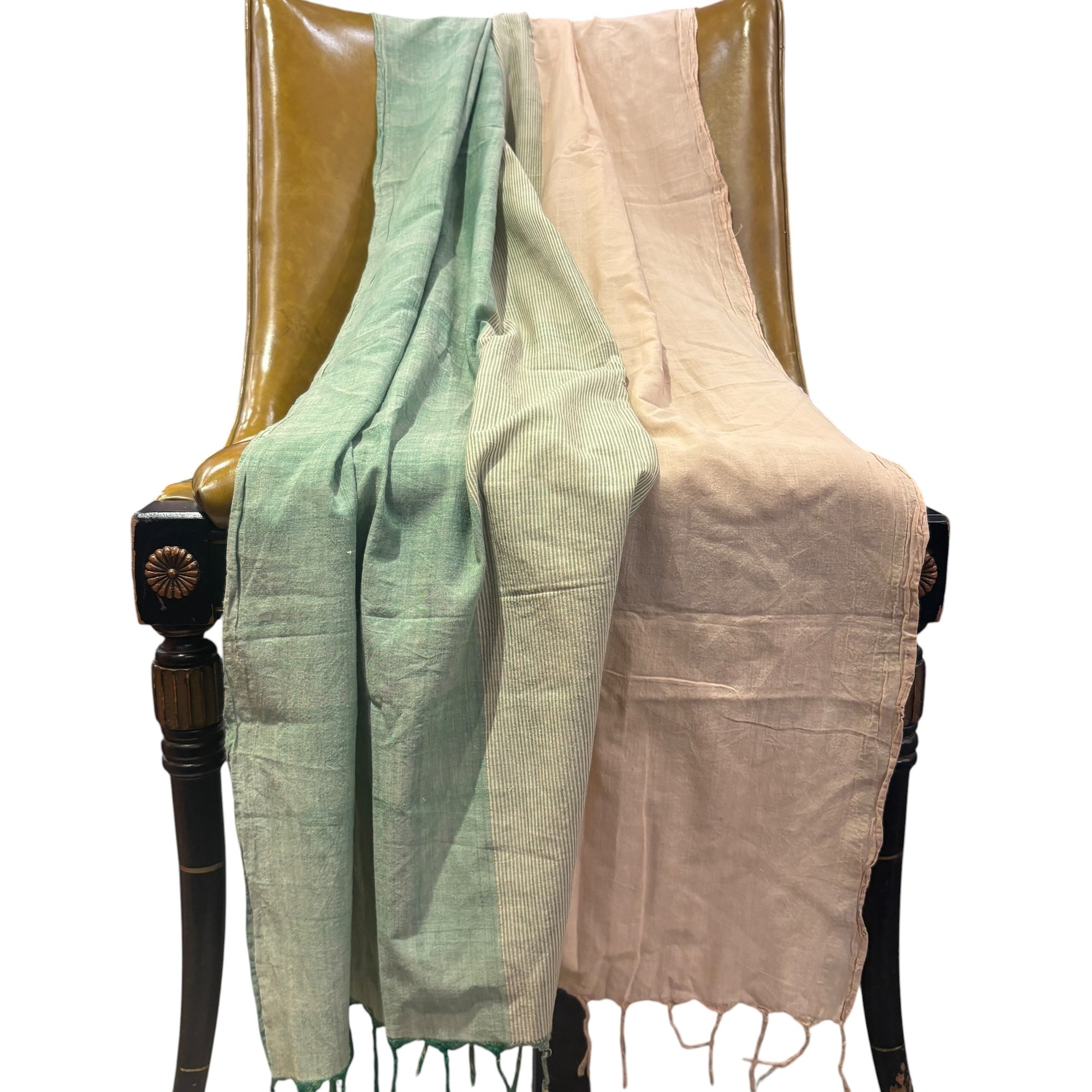 Green & Tan Handwoven Cotton Dupatta - Vintage India NYC