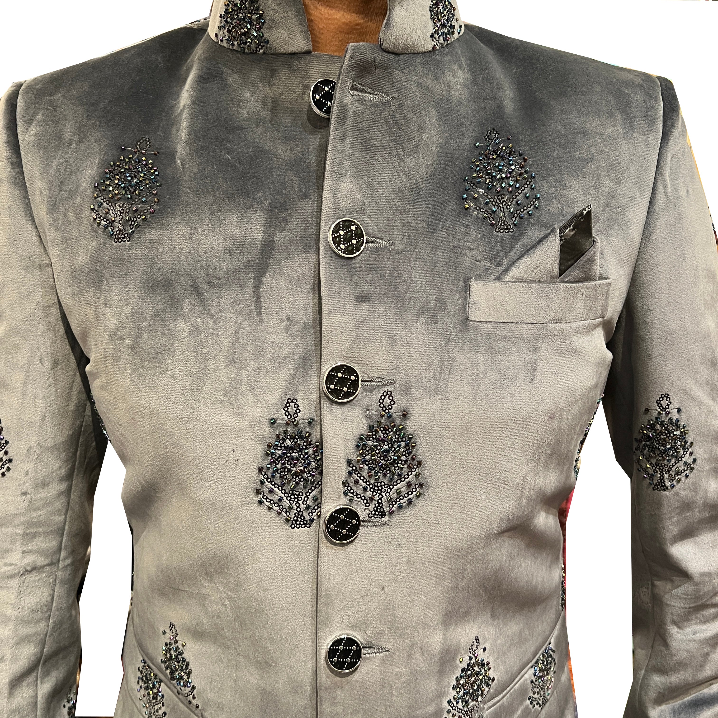 YD Grey Velvet Jodhpuri Suit Jacket - Vintage India NYC