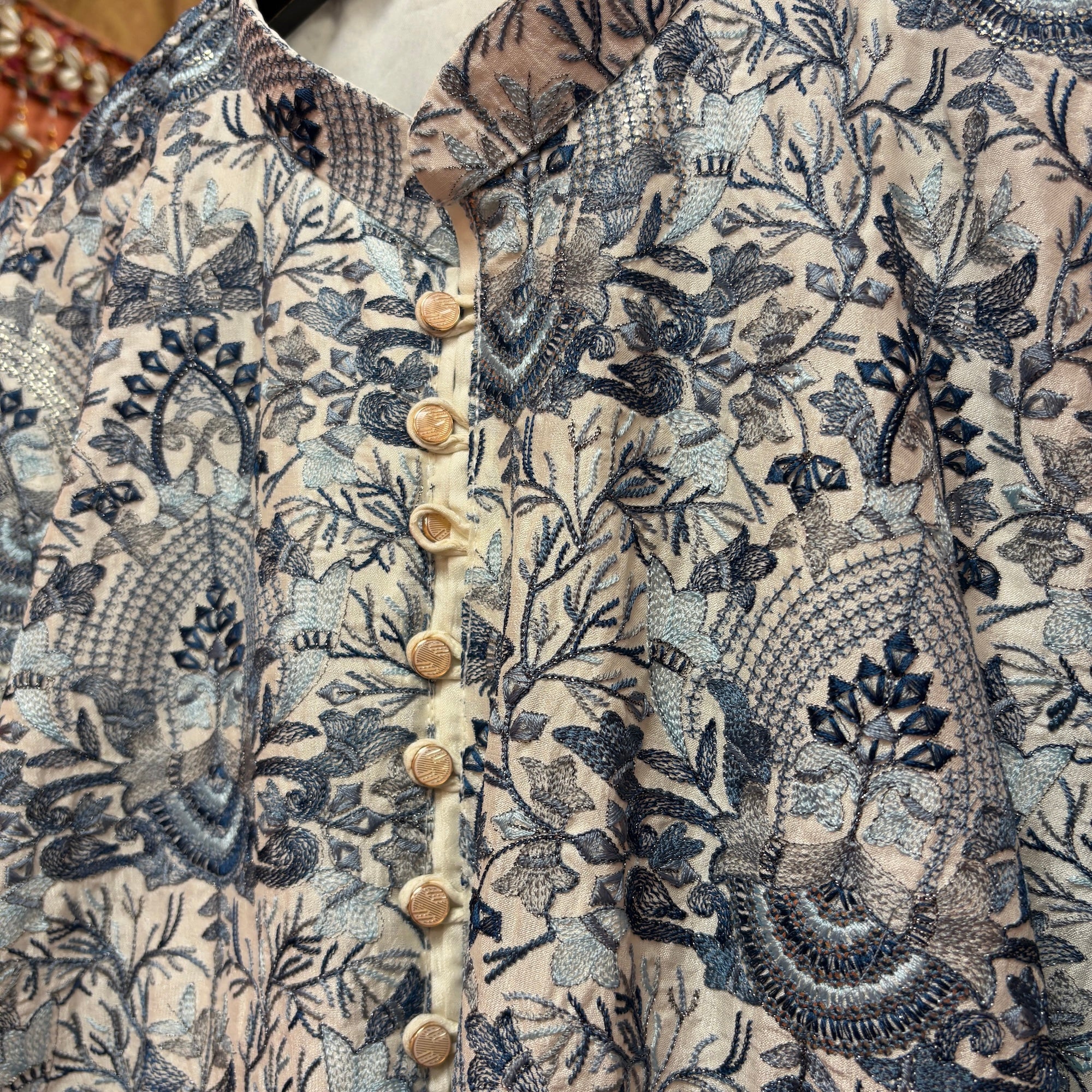 White with Navy Heavy Embroidered Kurta - Vintage India NYC