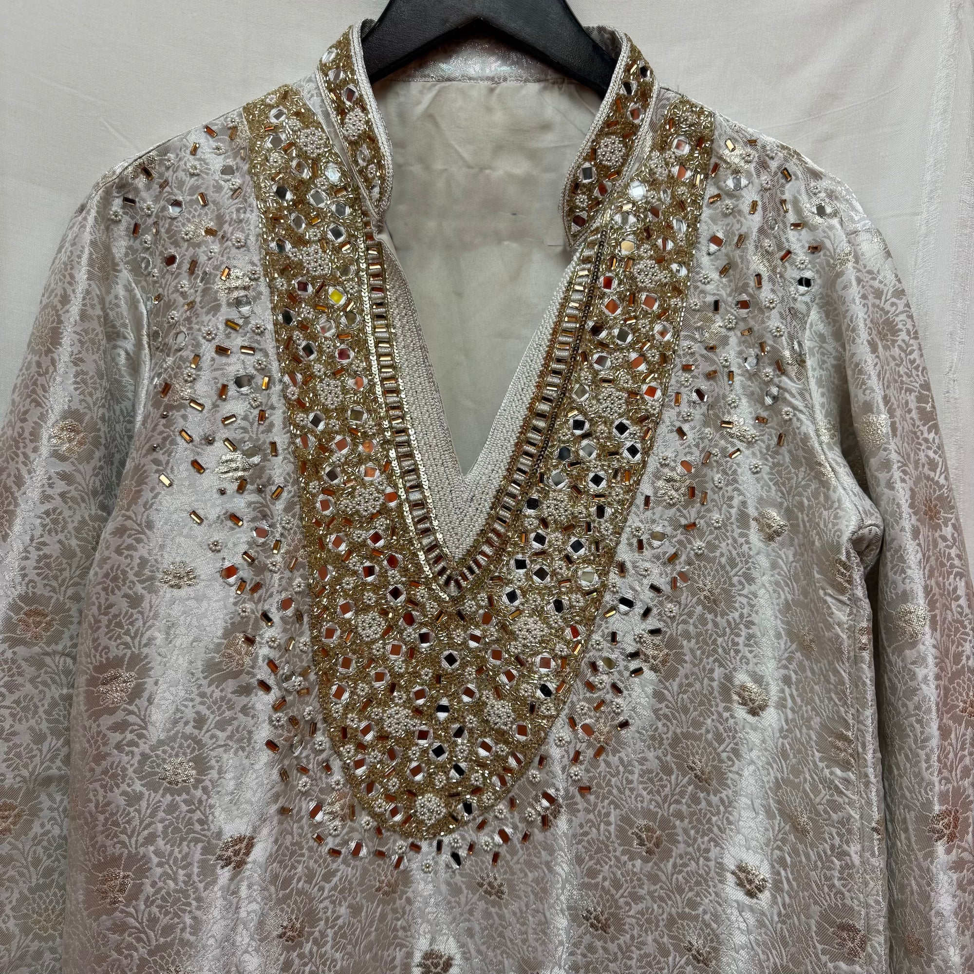 Ivory Heavy Emb Mirrored V Neck Kurta