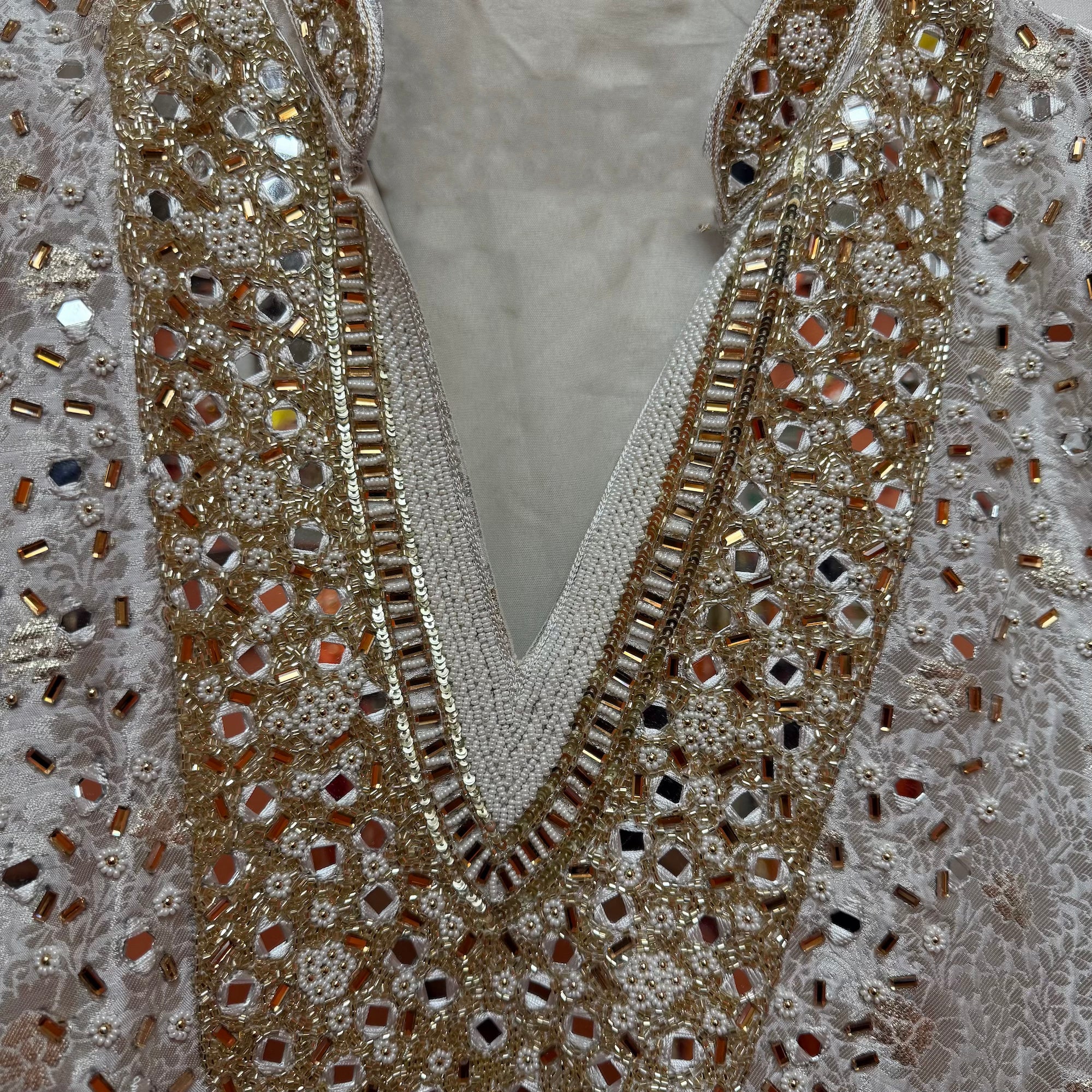 Ivory Heavy Emb Mirrored V Neck Kurta