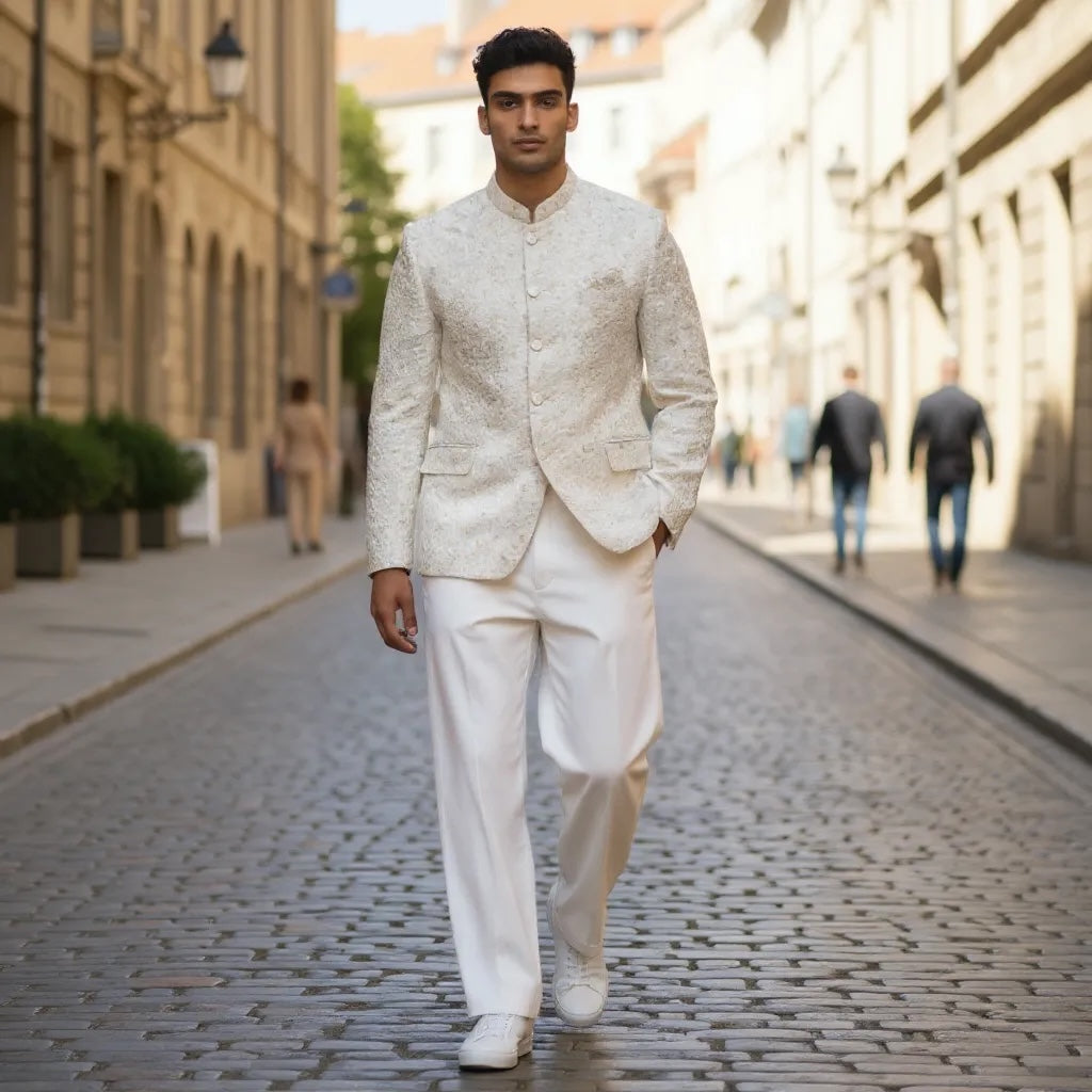 Ivory Floral Jacquard Jodhpuri Jacket