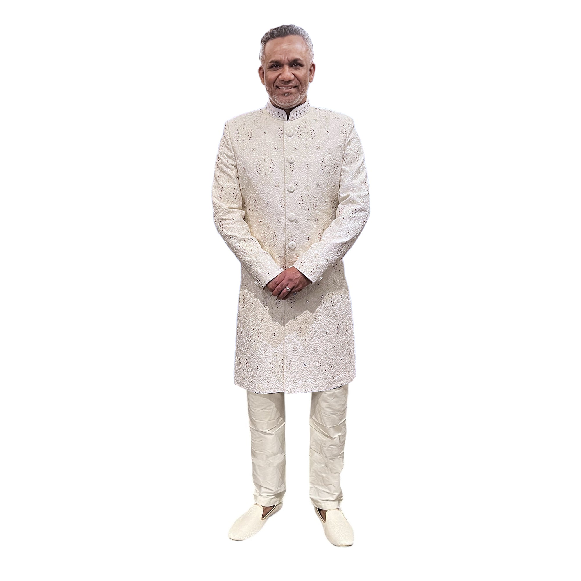 Ivory Pearl Heavy Embroidered Groom Sherwani - Vintage India NYC