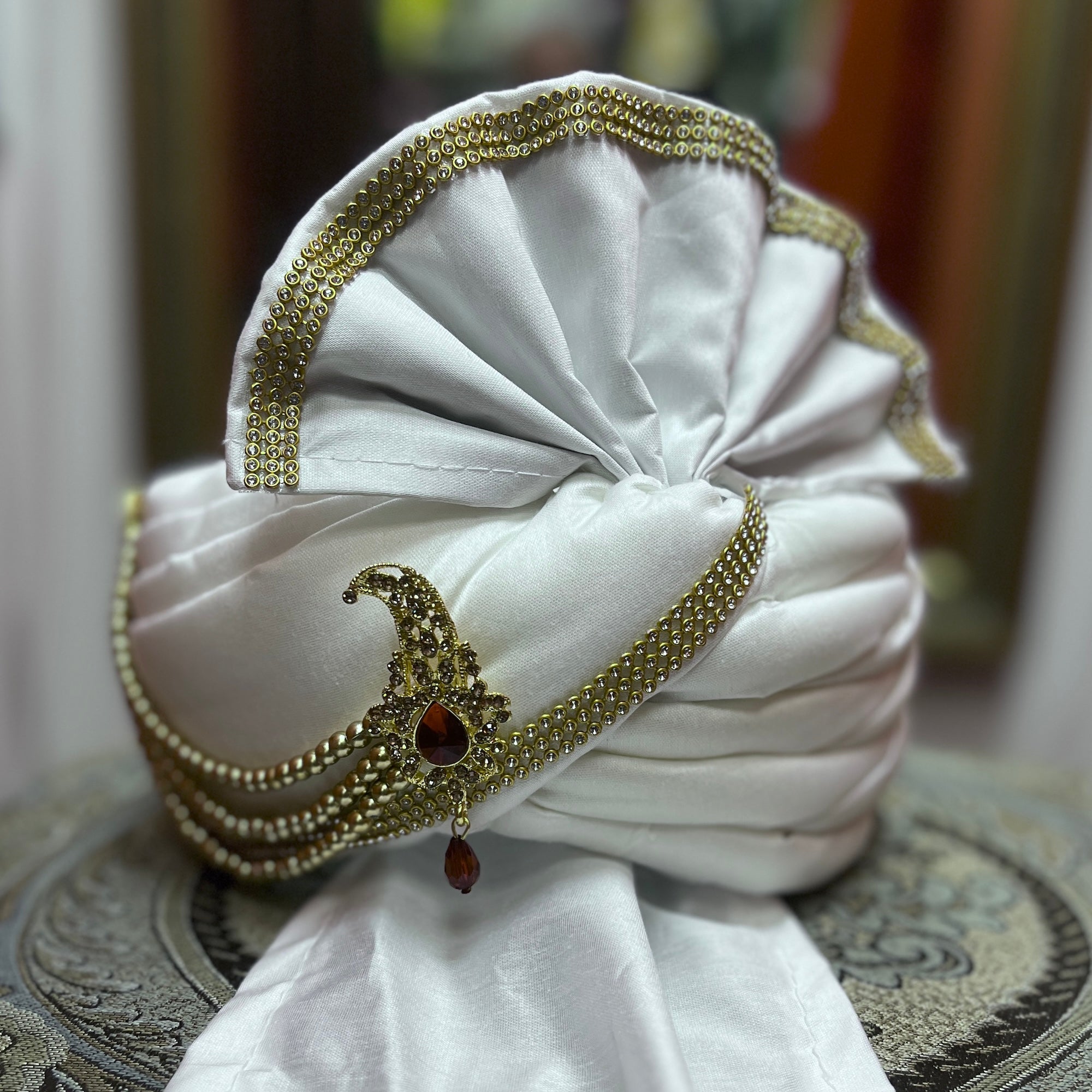 Ivory Silk Pagadi Turban - Vintage India NYC