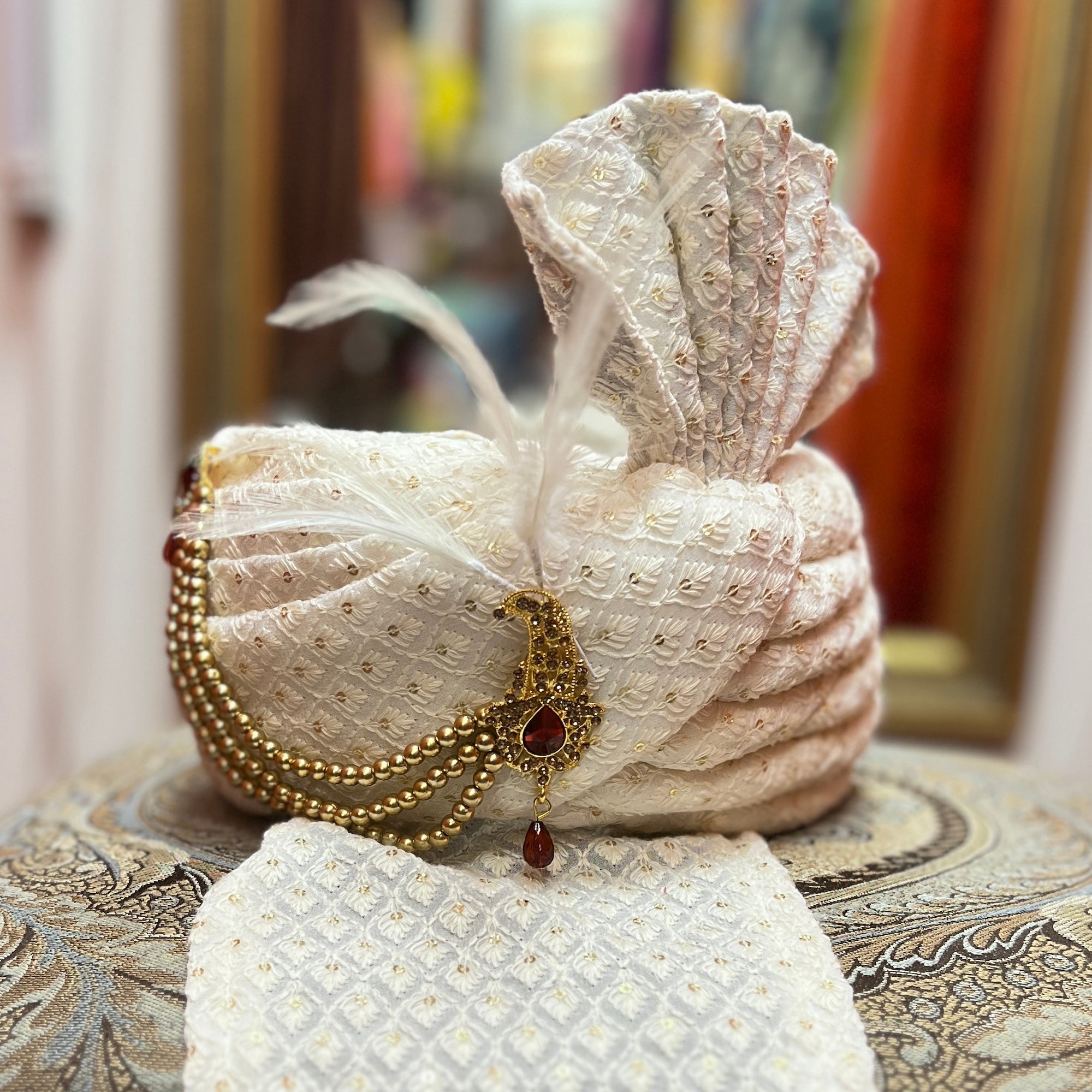 Ivory Lucknowi Pagadi Turban 1 - Vintage India NYC