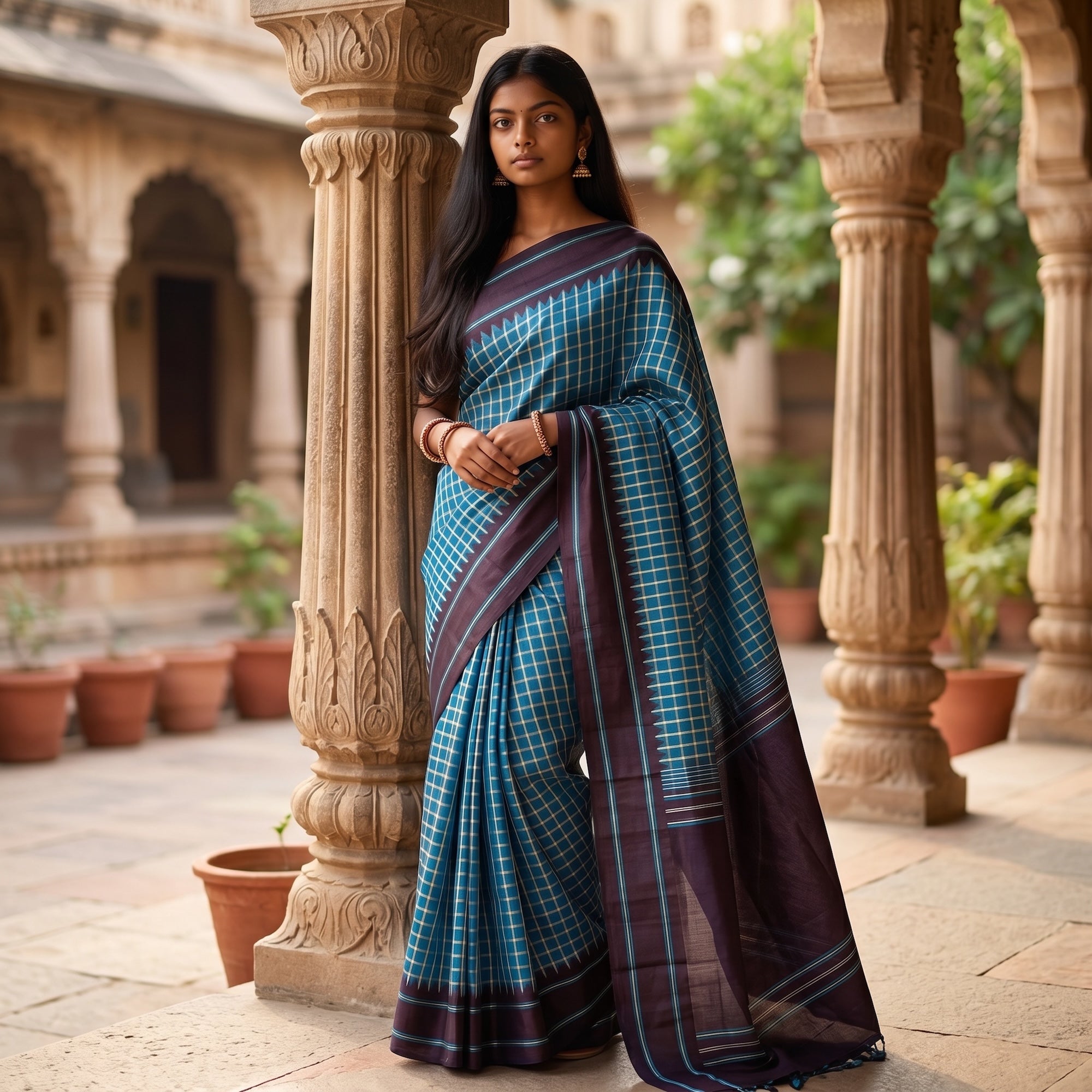 Kanjeevaram Silk Checks Saree - Vintage India NYC