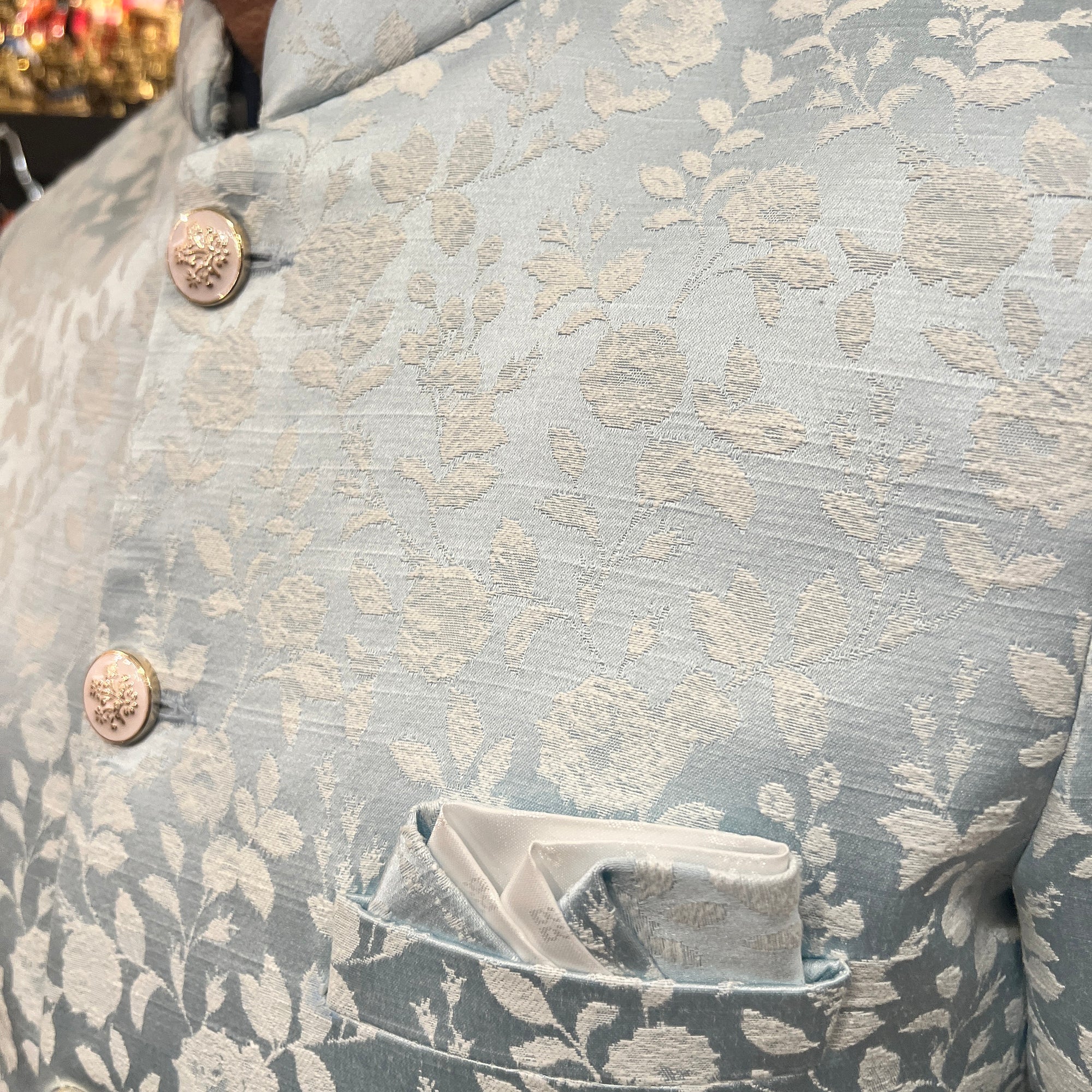Pale Blue Floral Jodhpuri Jacket - Vintage India NYC