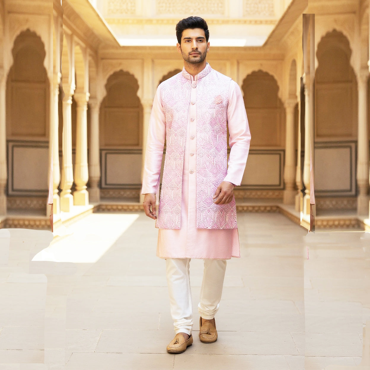 Pink 2 Piece Sherwani Vest Set