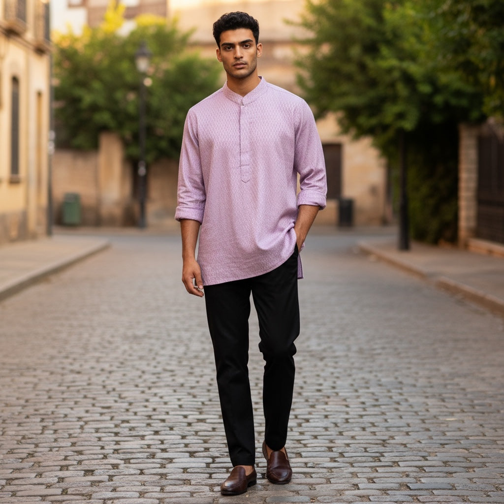 Jacquard Band Collar Short Kurta- Various Colors