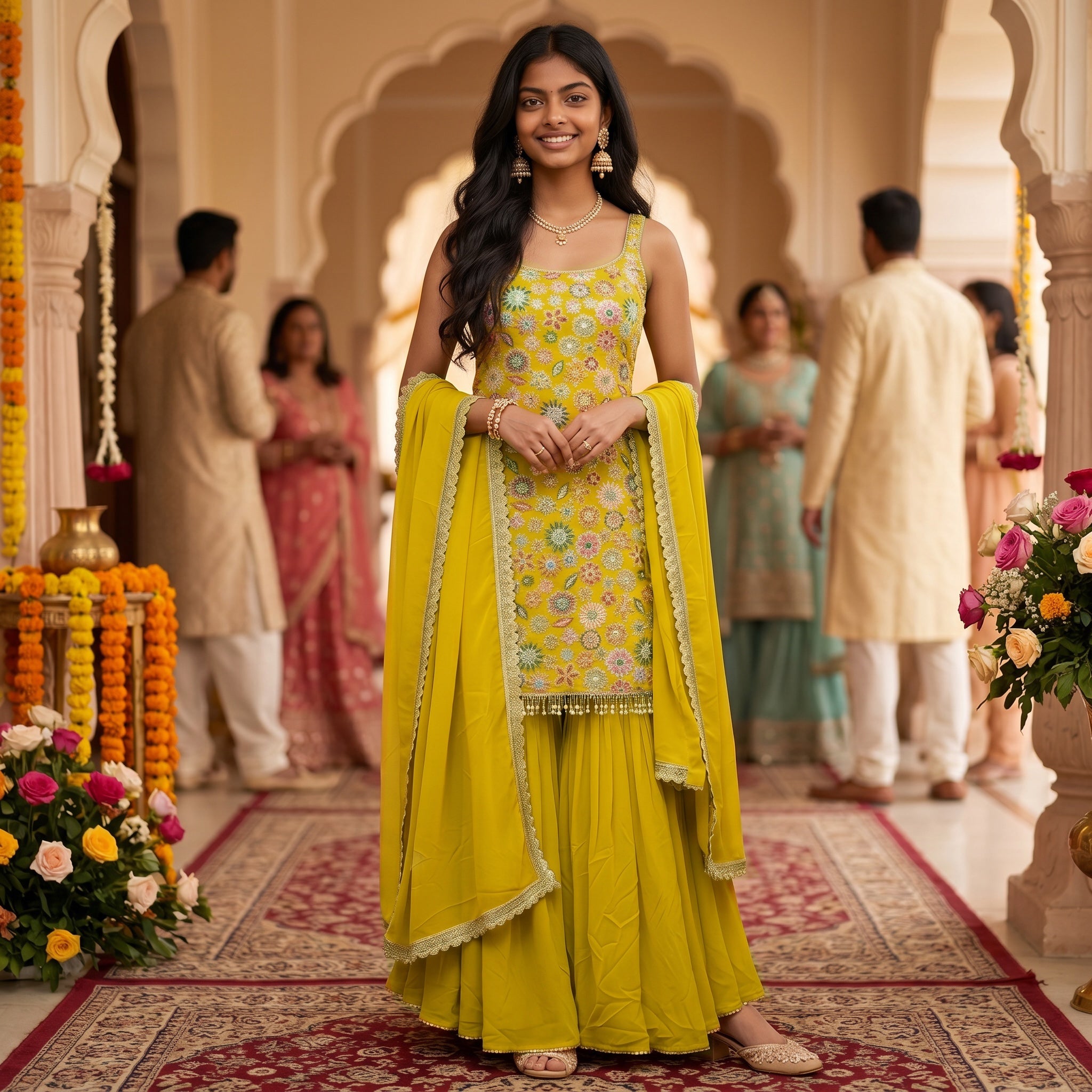 V Neck Embroidered Gharara Set-Colors - Vintage India NYC