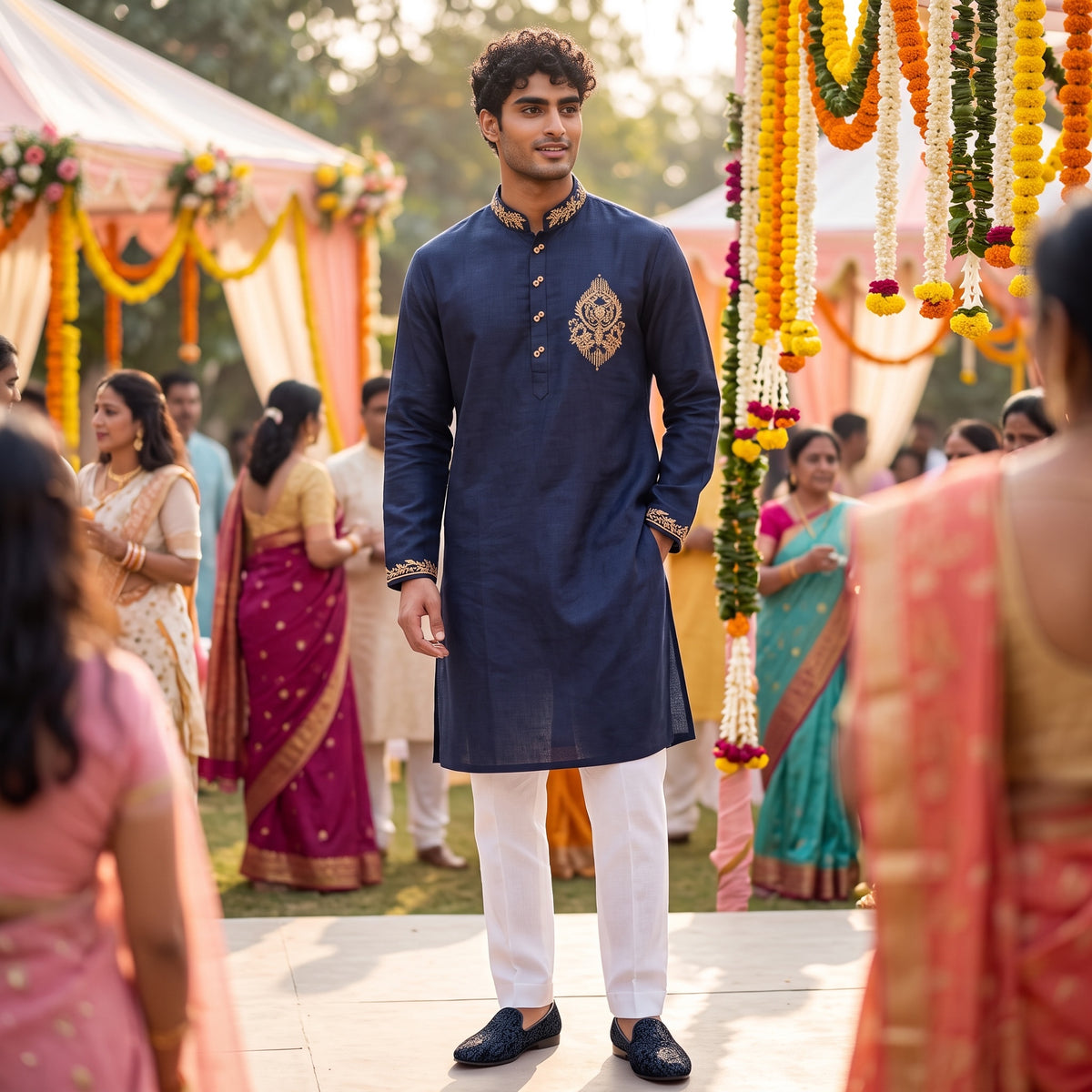 Navy FIne Linen Hand Embroidered Kurta