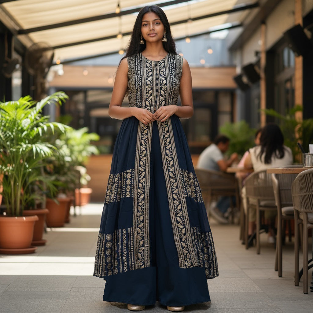 Navy Long Open Kurti Palazzo Set