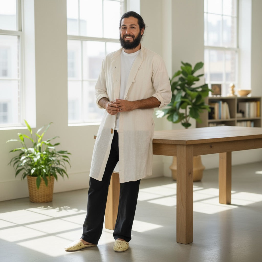 Organic cotton long jacket with Red Stripe