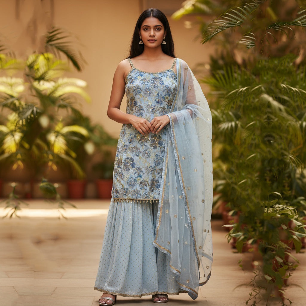 Chintz Flower Embroidered Gharara Sets-Colors