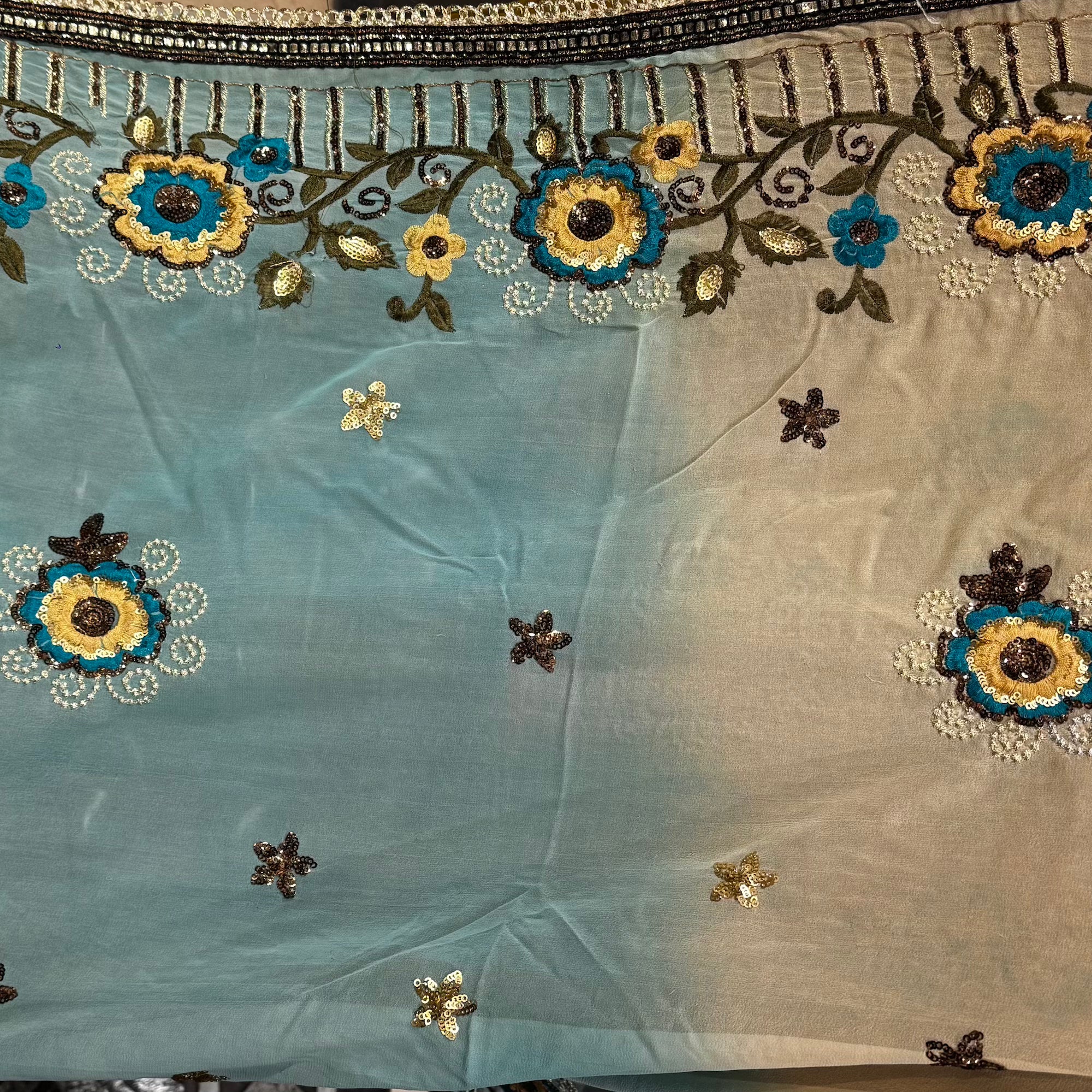 Light Blue & Creme Ombre Embroidered Dupatta - Vintage India NYC