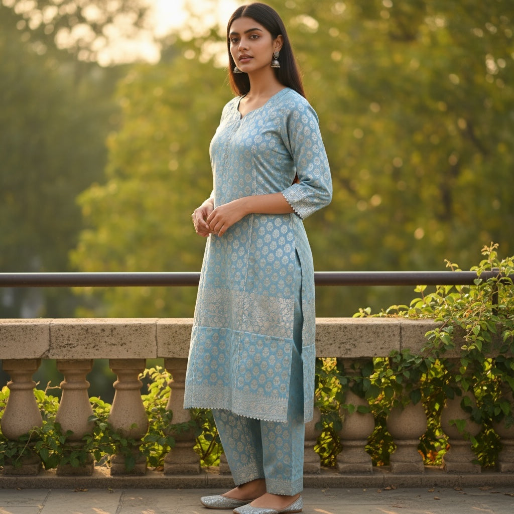Light Blue Silk Kurra w Straight Pant Set