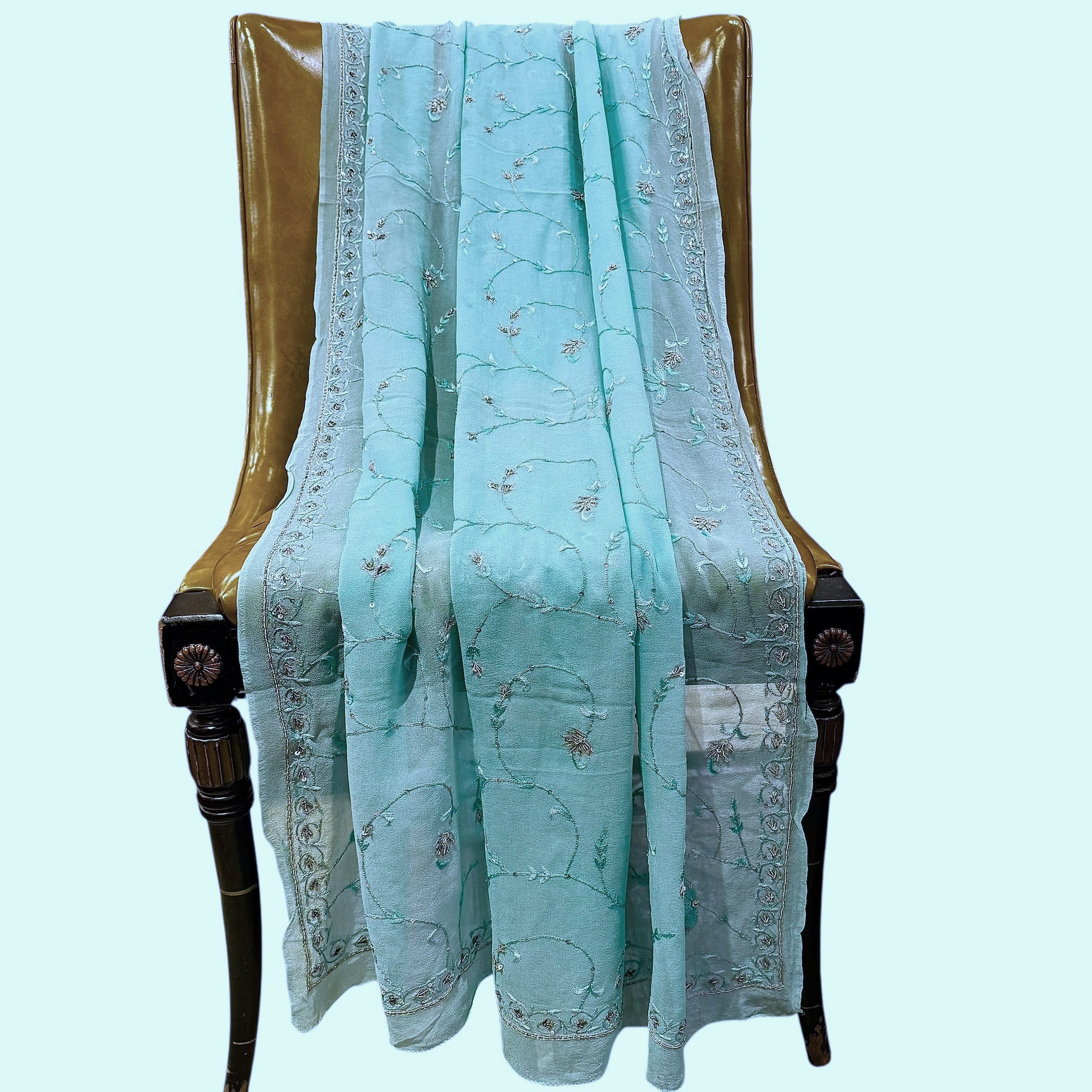 Light Blue w Silver Embroidered Dupatta - Vintage India NYC