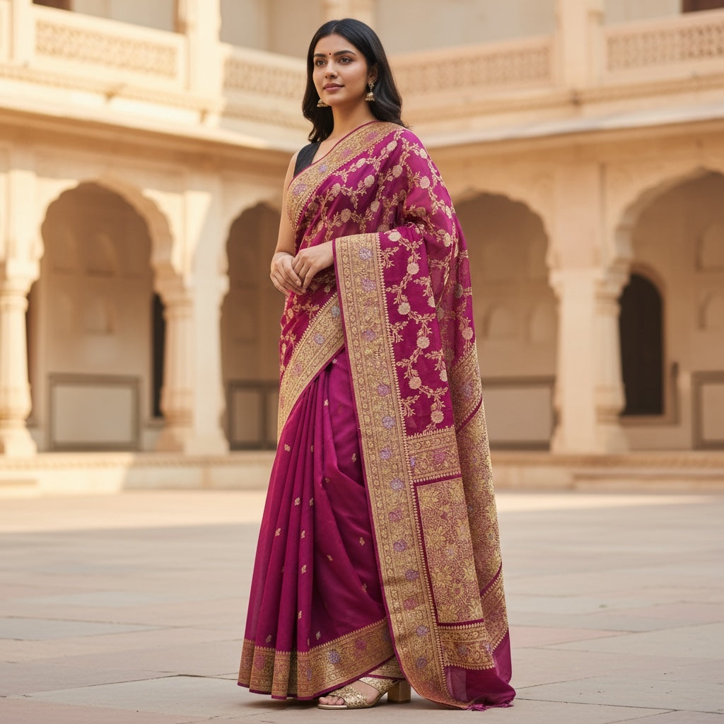 Magenta Silk Georgette Banarasi Saree - Vintage India NYC
